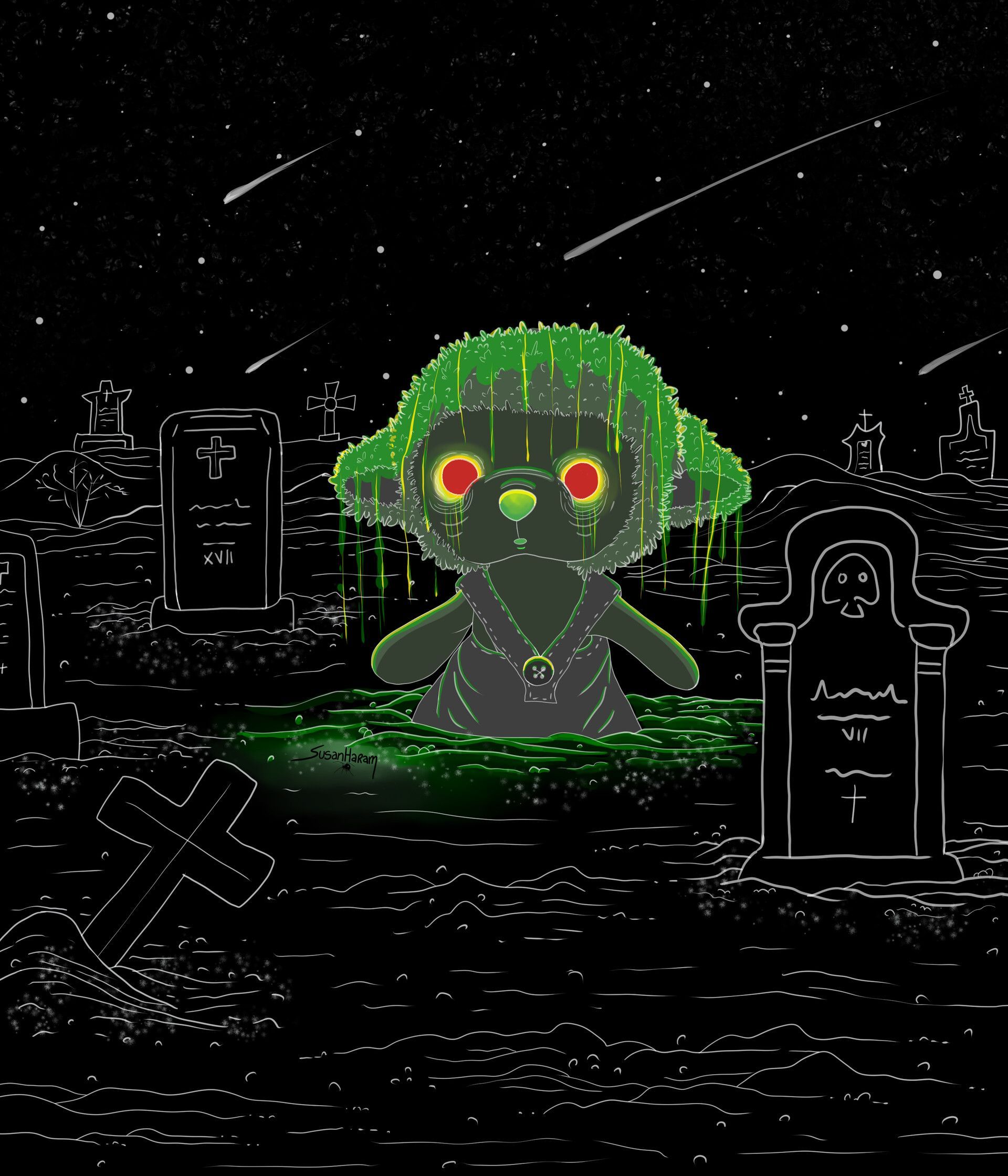 A zombie bear in a cemetery, surrounded by gravestones - Baby Yoda