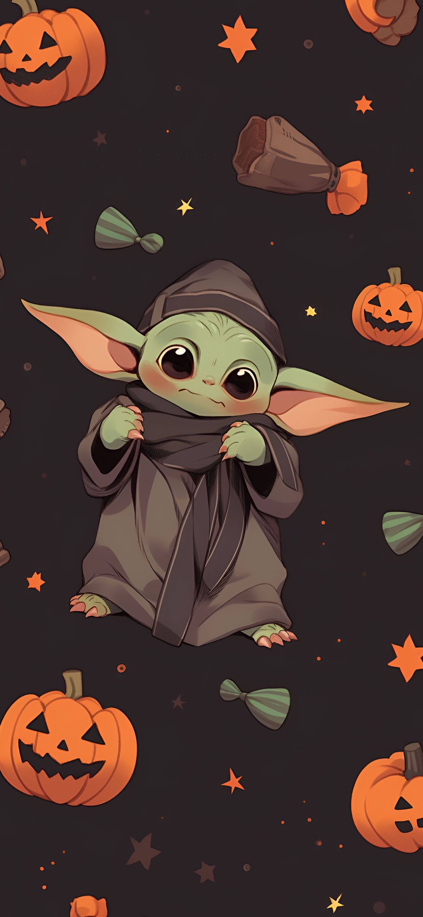 Halloween Baby Yoda & Pumpkins Pattern Wallpaper for iPhone