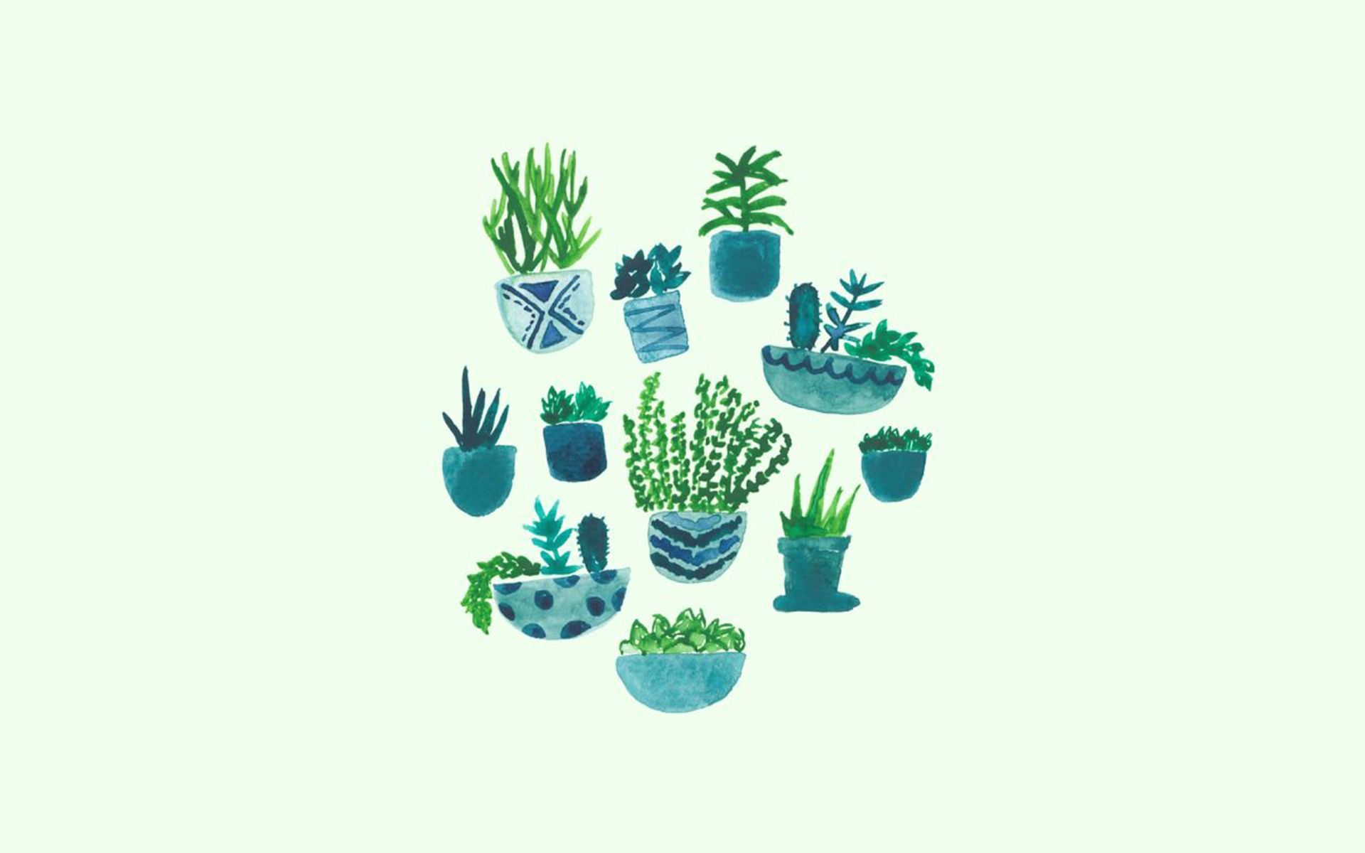 A watercolor painting of plants in pots - Light green, green, pastel green, succulent, cactus, plants