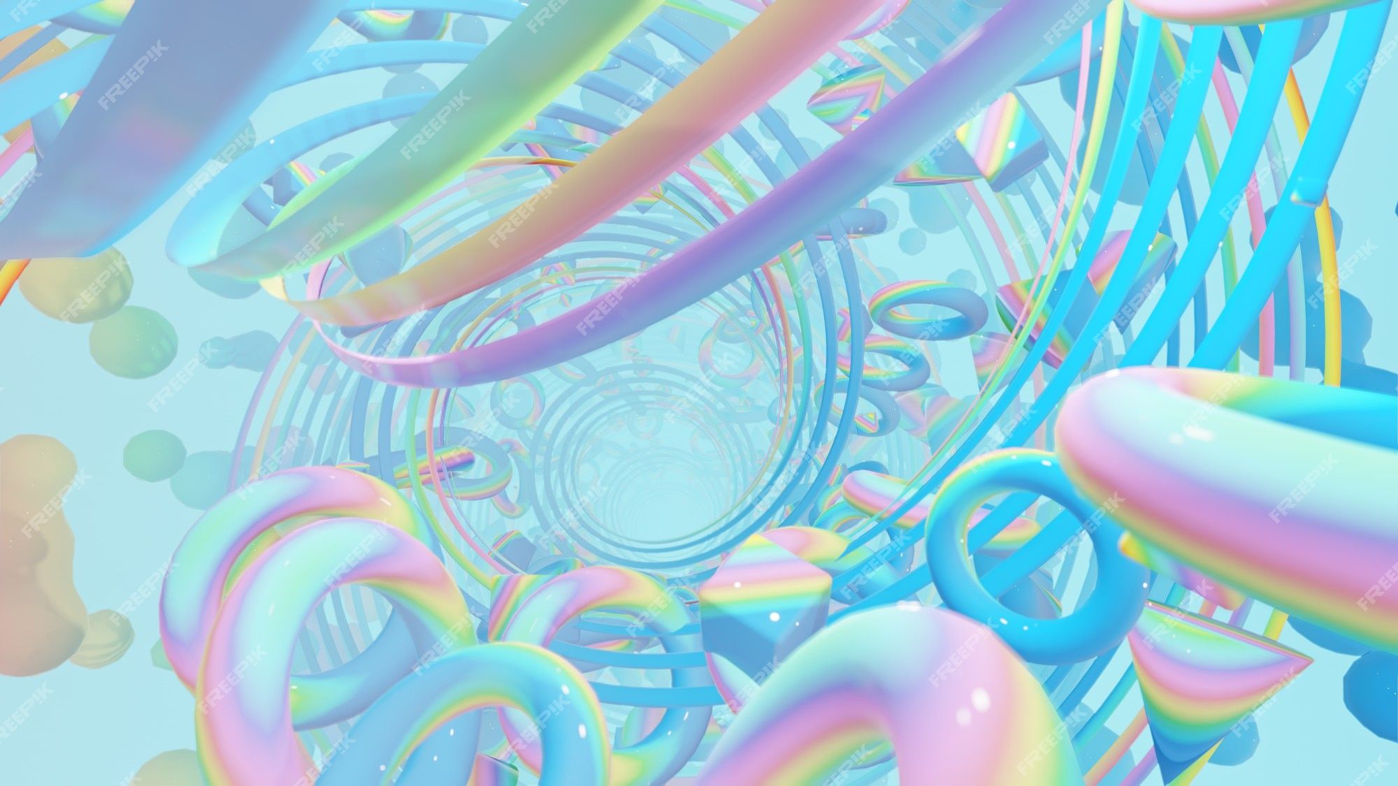 A blue background with a tunnel of pastel rainbow circles and rings moving in the background - Holographic