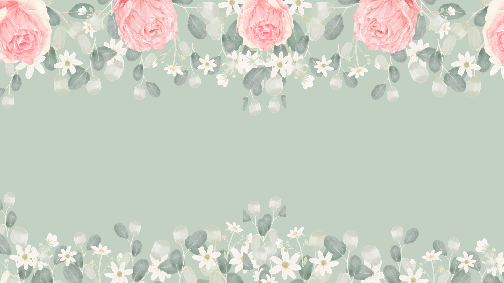A green background with white flowers and pink roses at the top - Green, sage green
