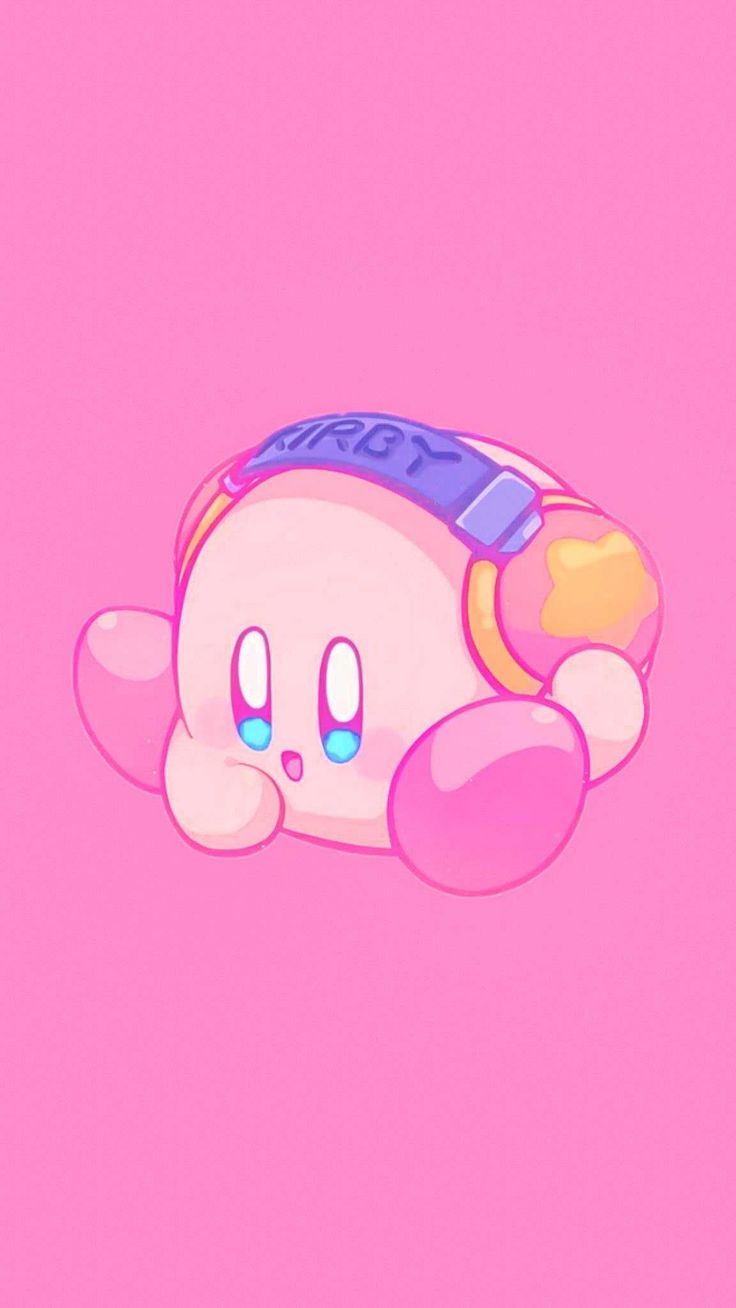 A pink background with a pink kirby with a purple and pink visor on. - Kirby