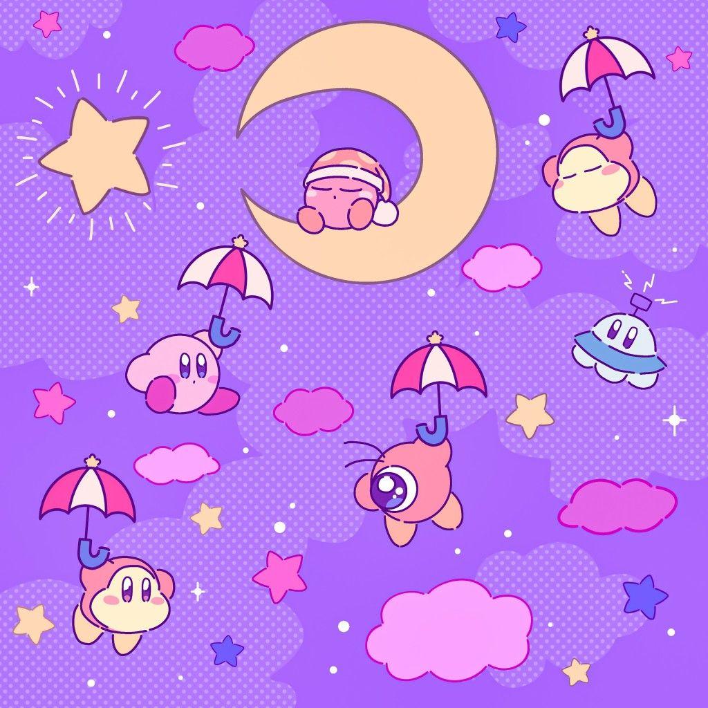 A wallpaper of Kirby sleeping on the moon with his friends holding umbrellas and stars around him. - Kirby