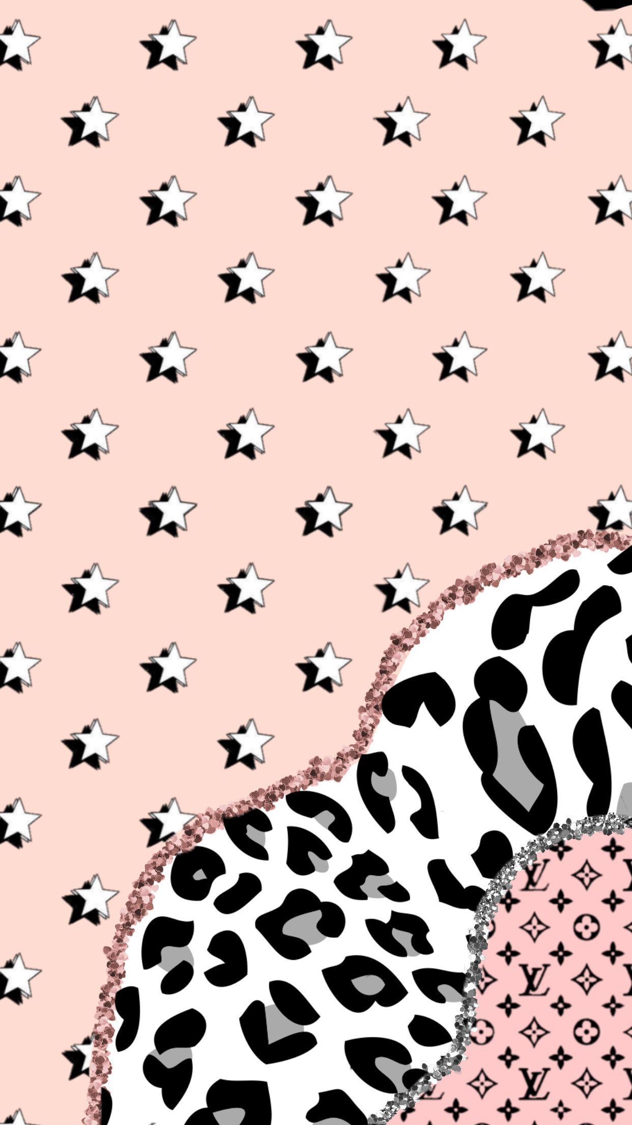 A pink and black pattern with white stars - Preppy