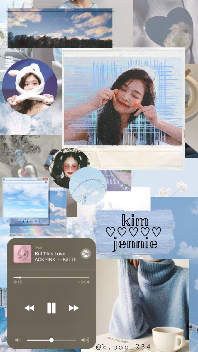 A collage of pictures of BLACKPINK's Jennie, a music player with the song 'Kill This Love' by BLACKPINK playing, and a cup of coffee. - Jennie