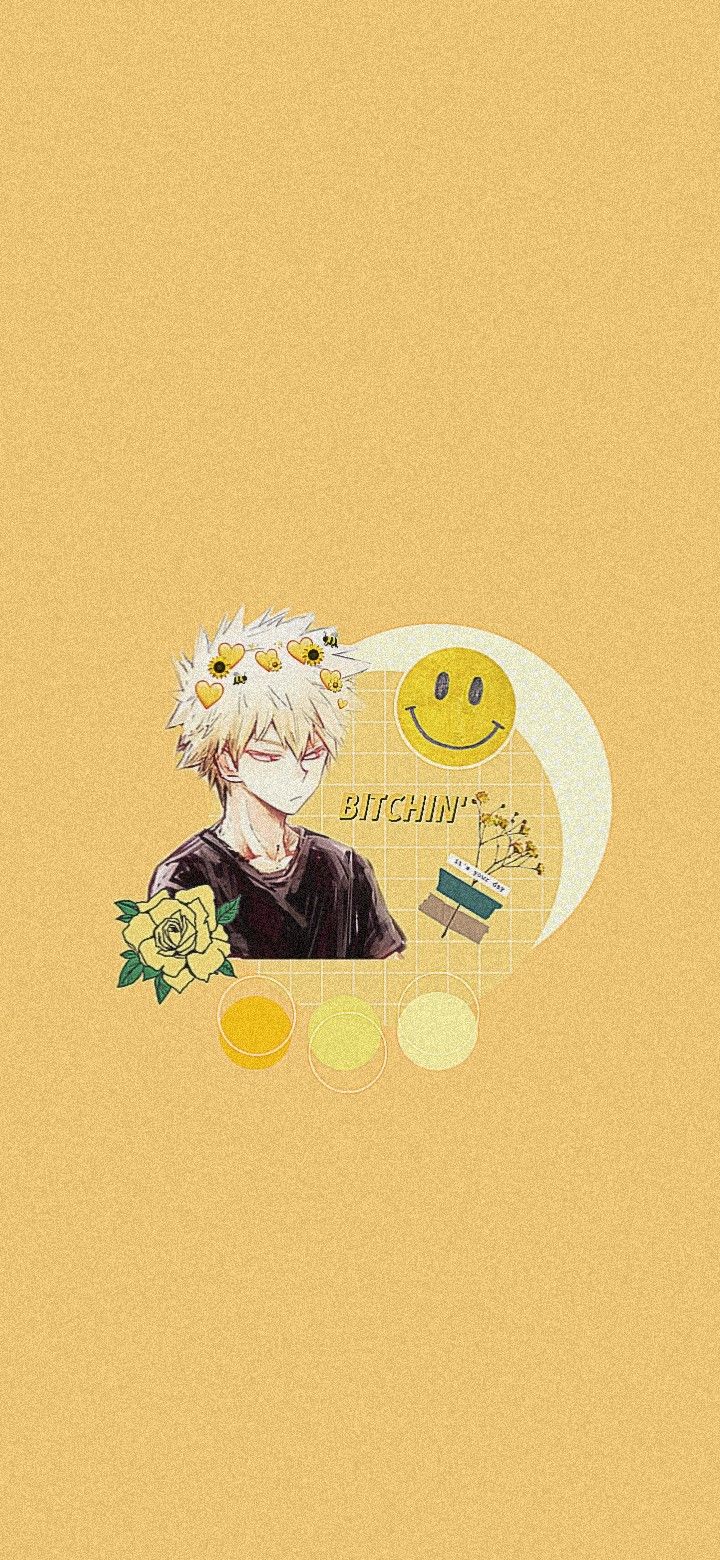 Aesthetic anime wallpaper for phone with Jujutsu Kaisen character Satoru Gojo surrounded by flowers, a smiley face, and other elements. - Yellow, anime