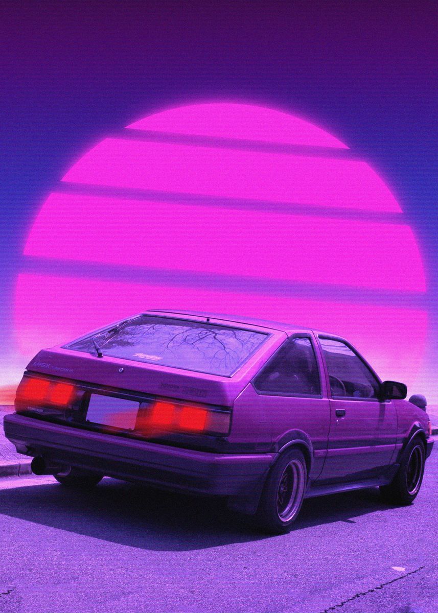 Aesthetic wallpaper of a purple car in front of a purple sunset - Toyota AE86