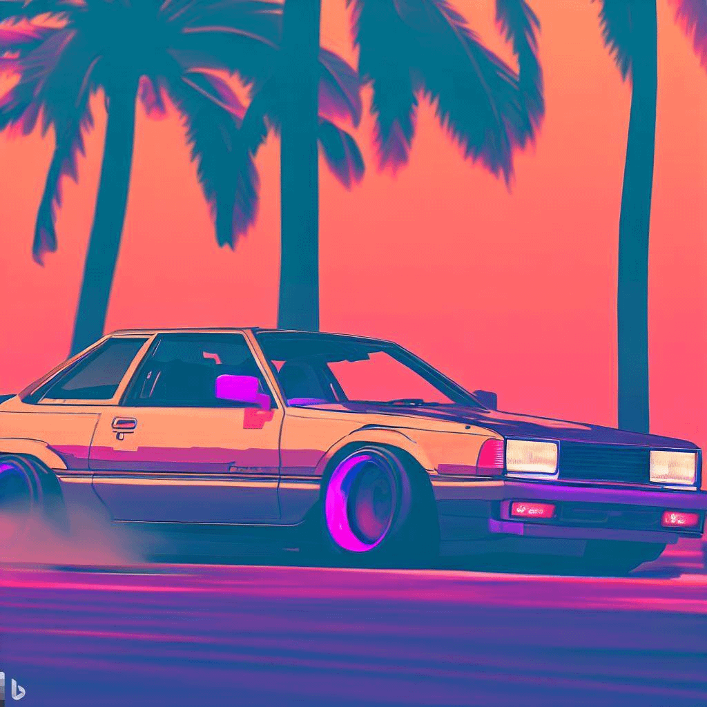 A digital painting of a car with palm trees in the background - Toyota AE86