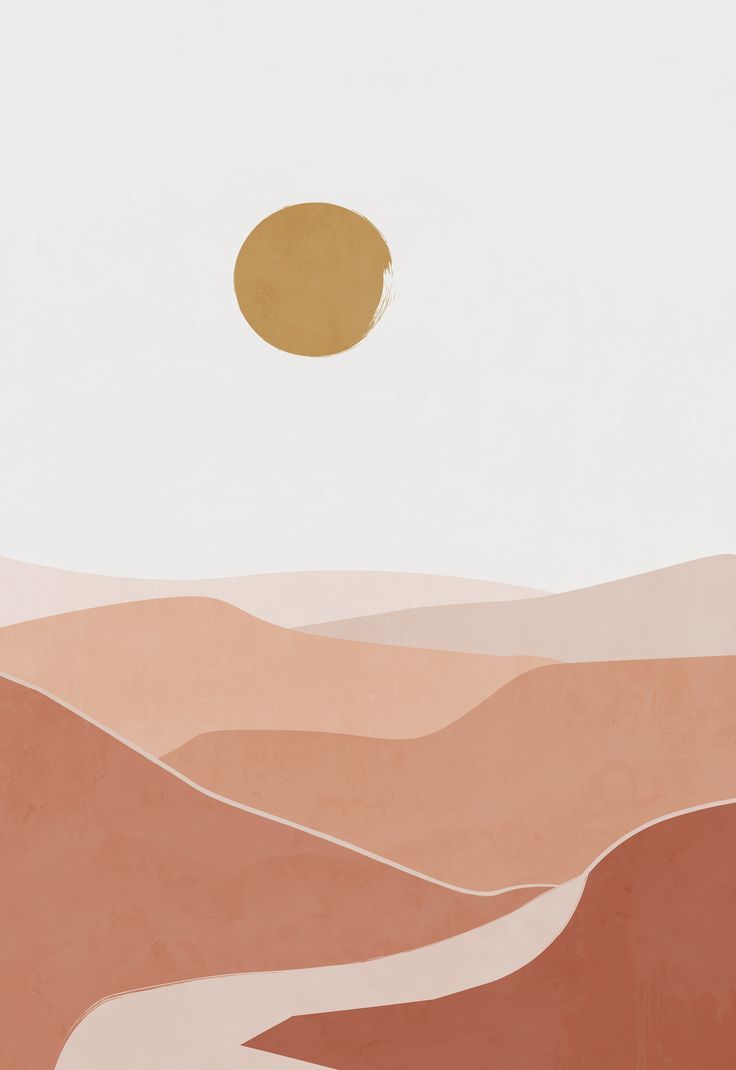A desert landscape in warm colors with a gold sun - Boho