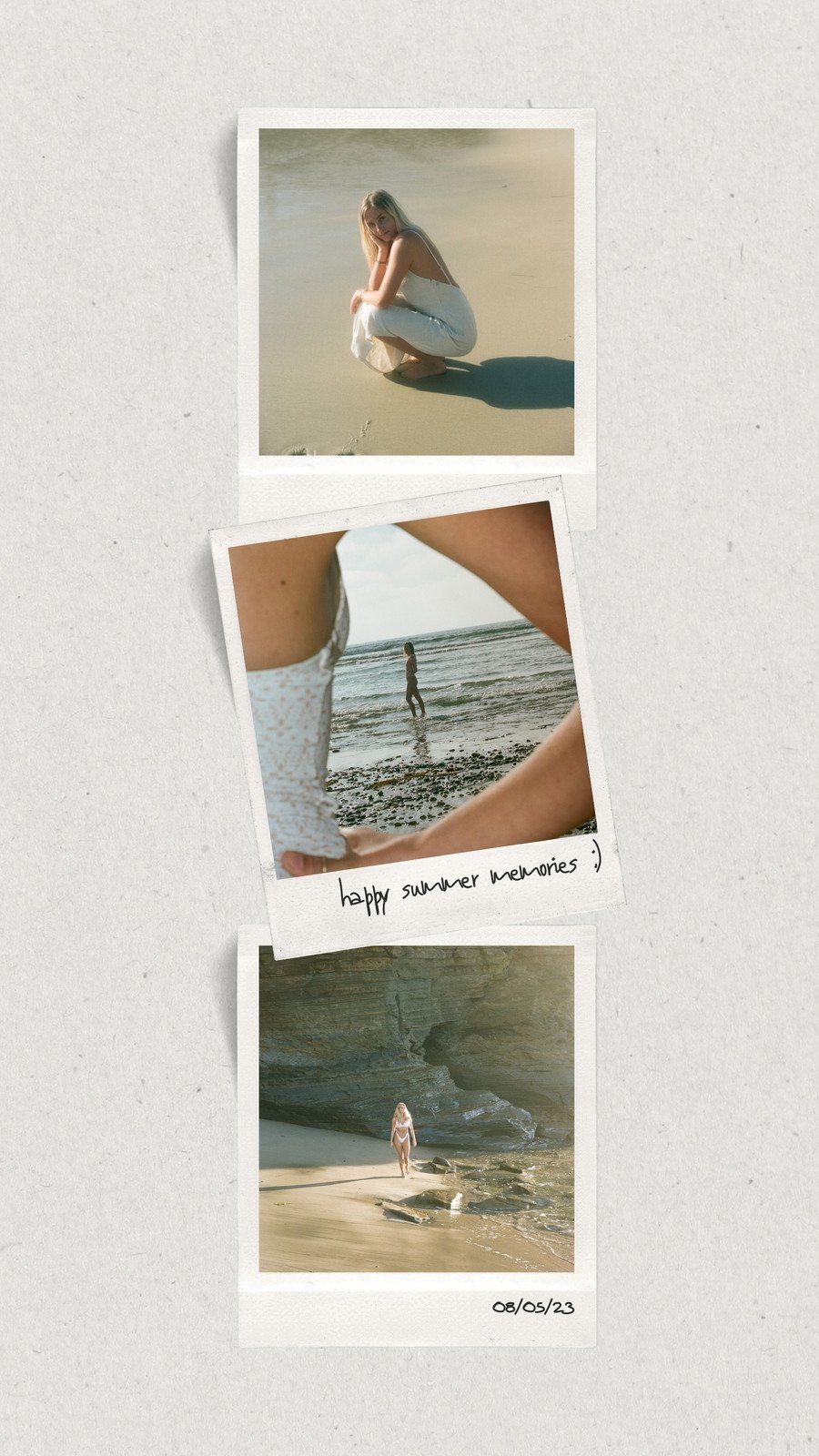 A collage of polaroid pictures of a woman at the beach. - Android, retro