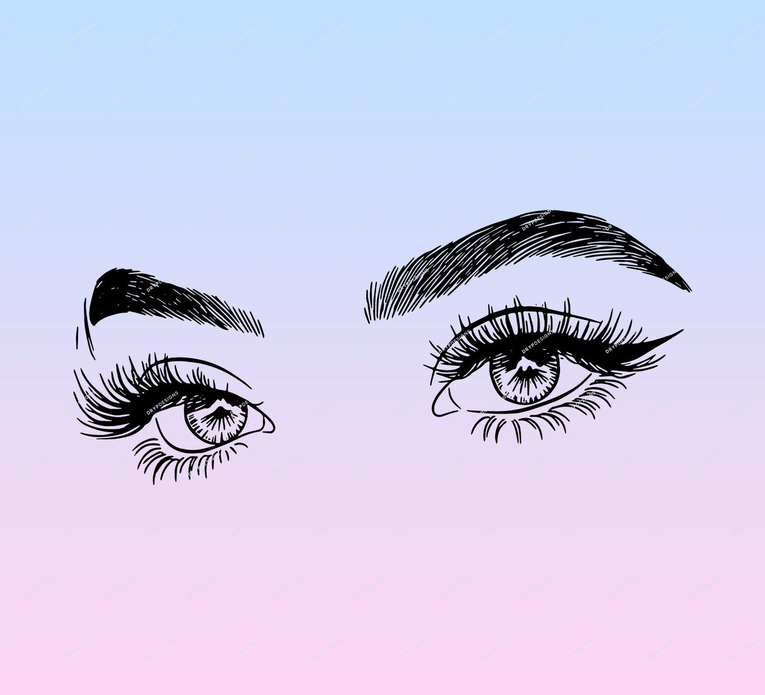 A graphic of two eyes on a blue and pink gradient background - Makeup