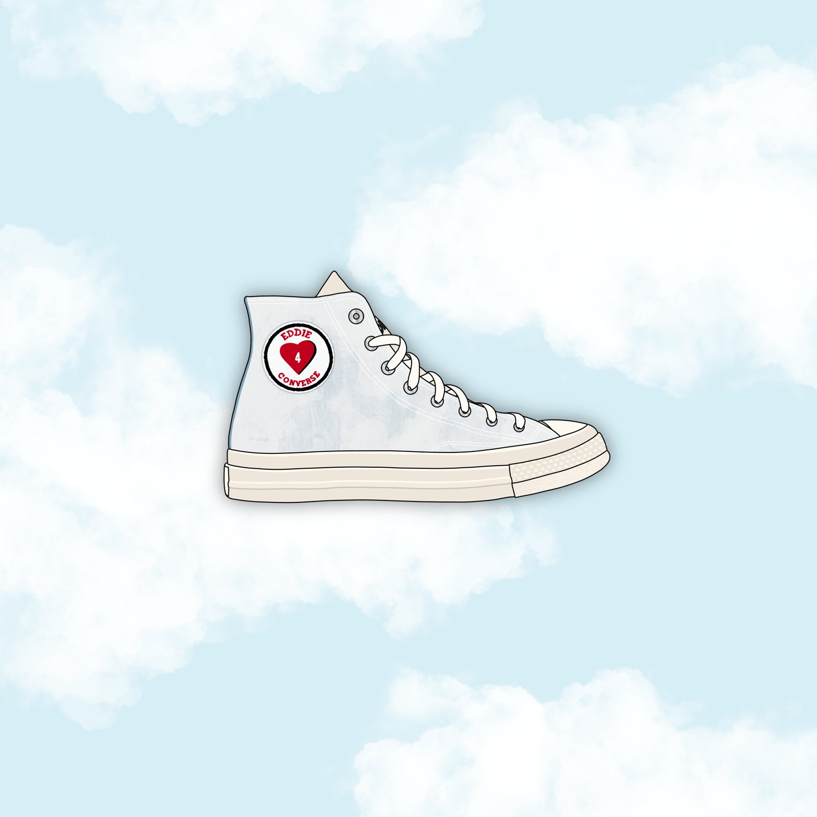 A pair of white converse sneakers floating in a blue sky with clouds - Converse