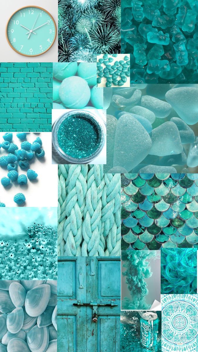 A collage of images of blue and green sea glass, rope, and clocks. - Aqua