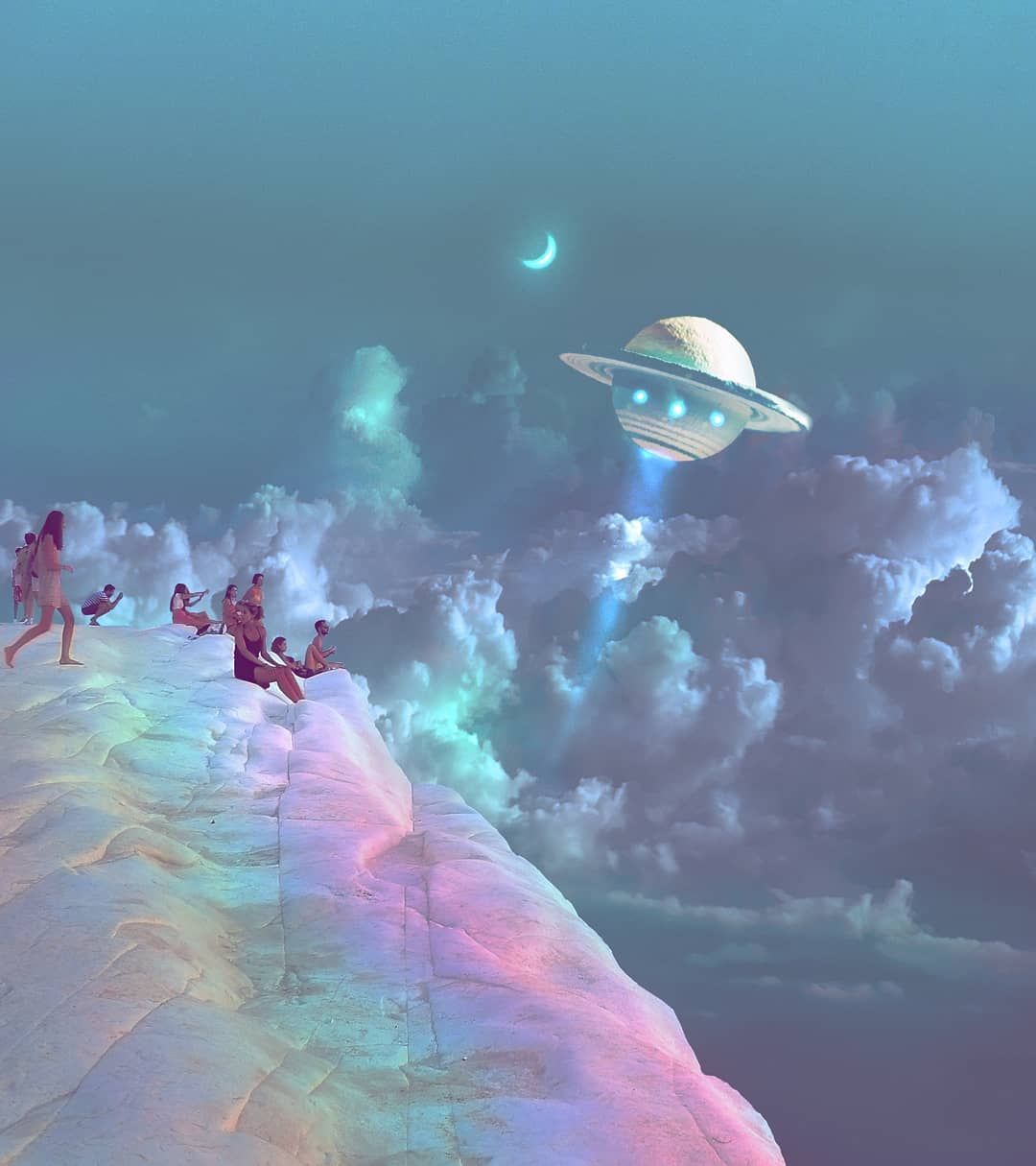 A planet with a ringed atmosphere floating above a pink mountain - Indigo