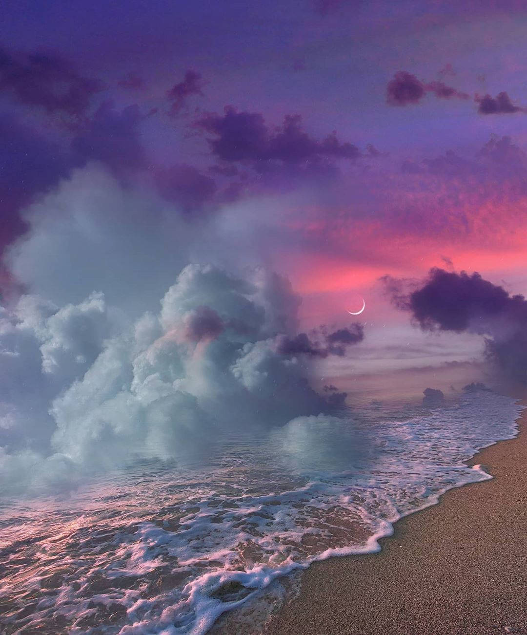 Download A Beach With Clouds And A Moon At Sunset Wallpaper