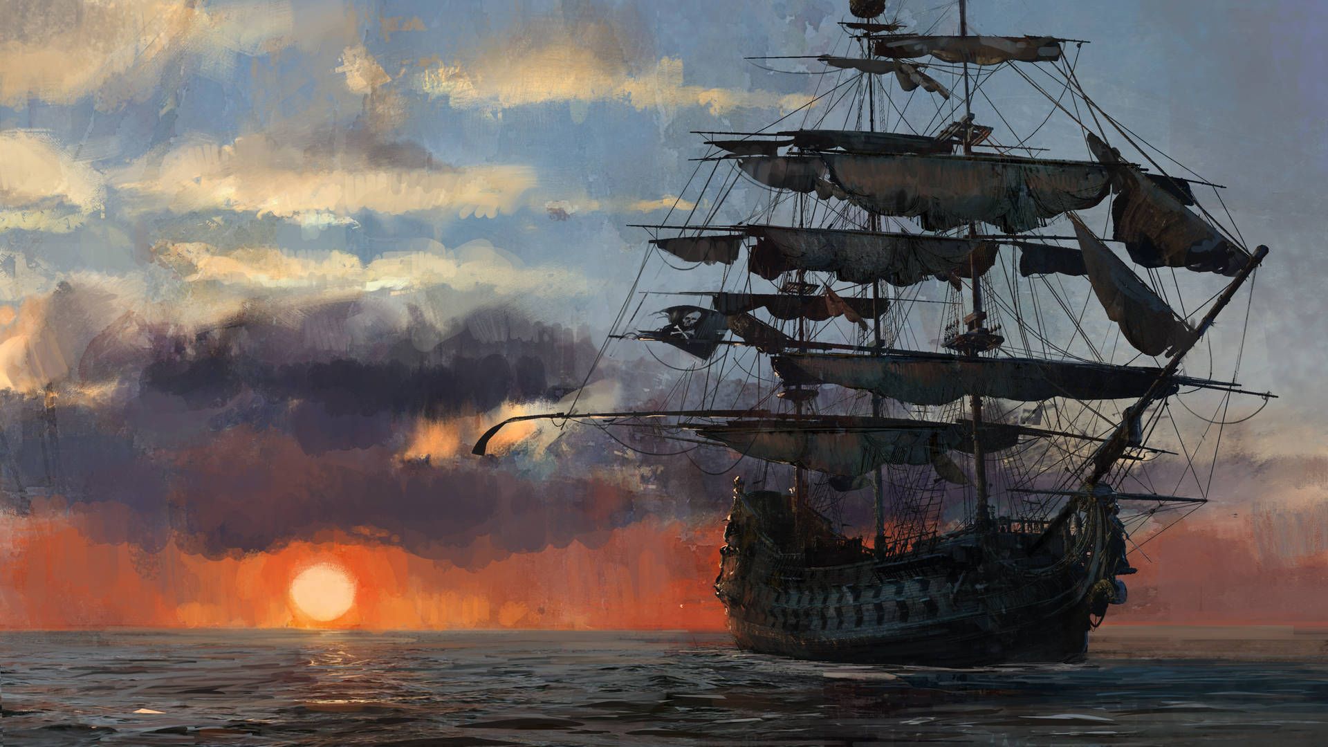 Download 4K Pirate Ship Sailing During Sunset Wallpaper