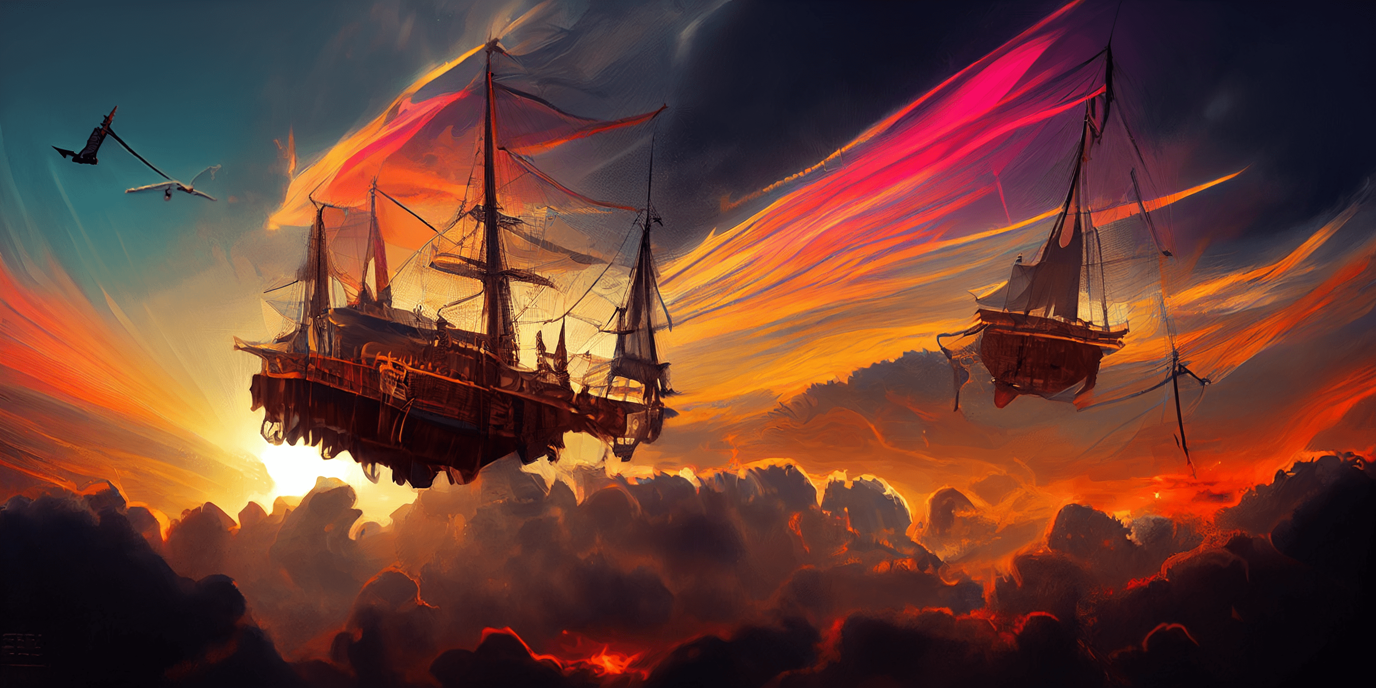 Midjourney prompt: Landscape, Flying pirate ship, Magical
