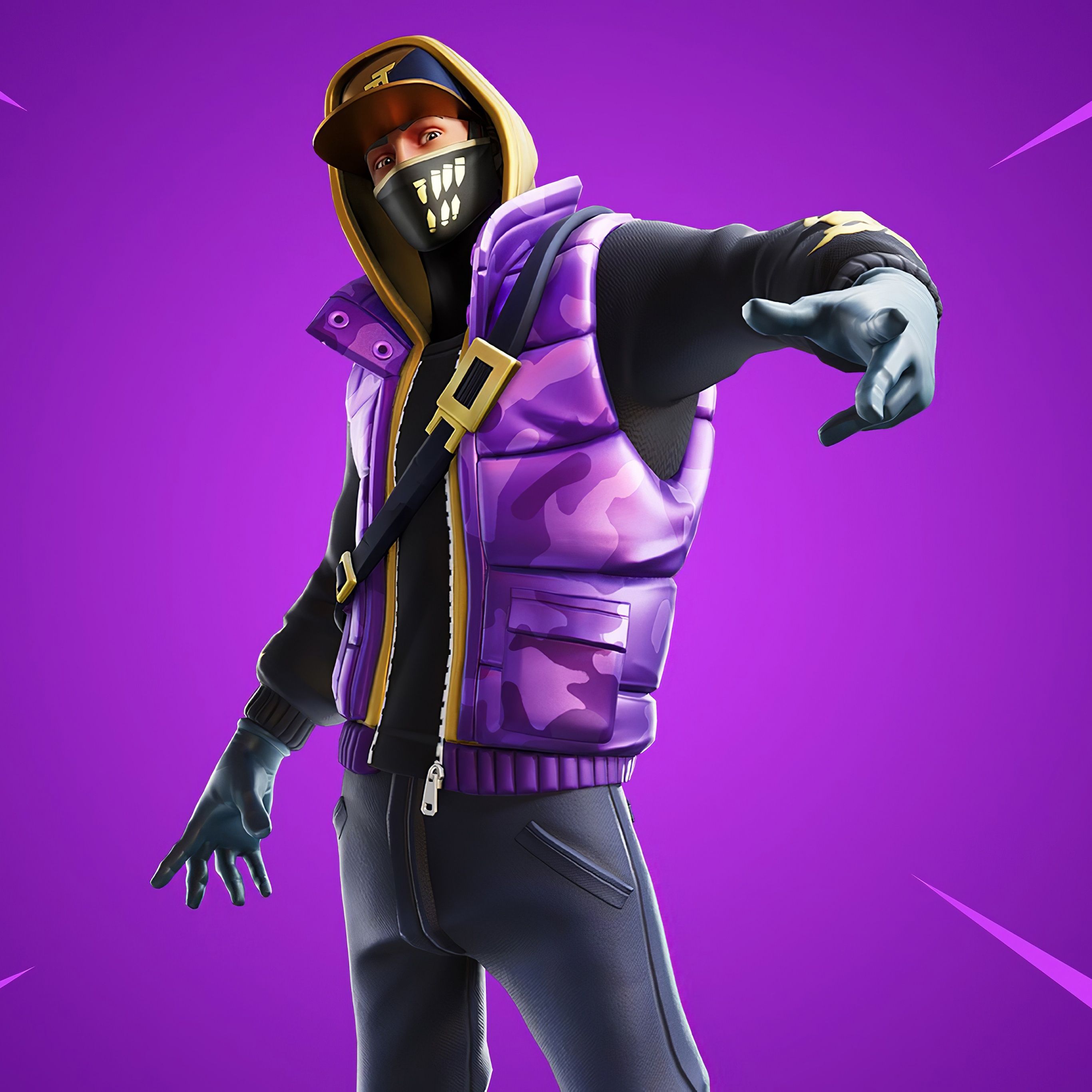 A Fortnite character in a purple jacket and black shirt. - Fortnite