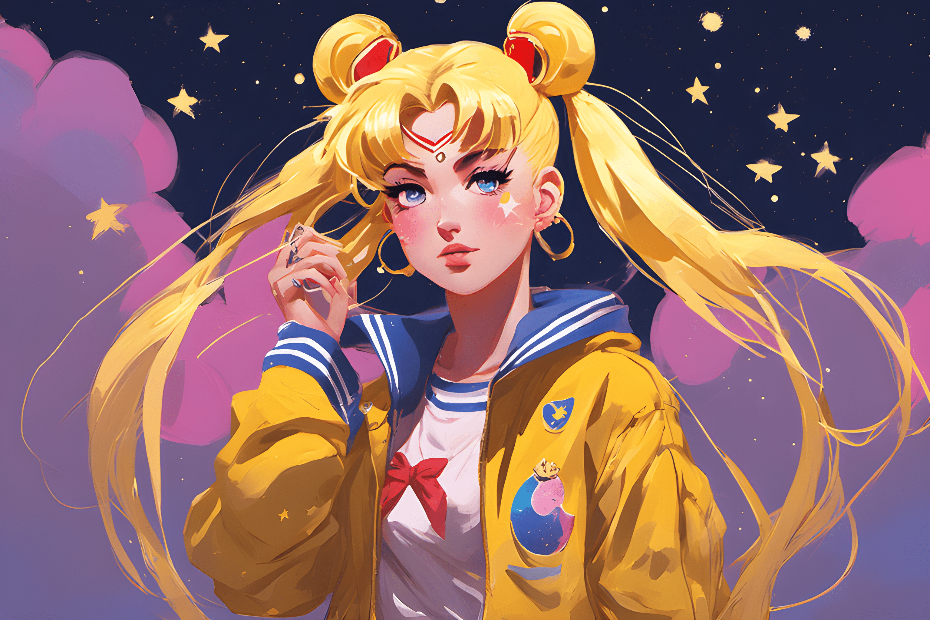 A blonde girl with pigtails, dressed in a yellow jacket, looks pensively into the distance. - Sailor Moon