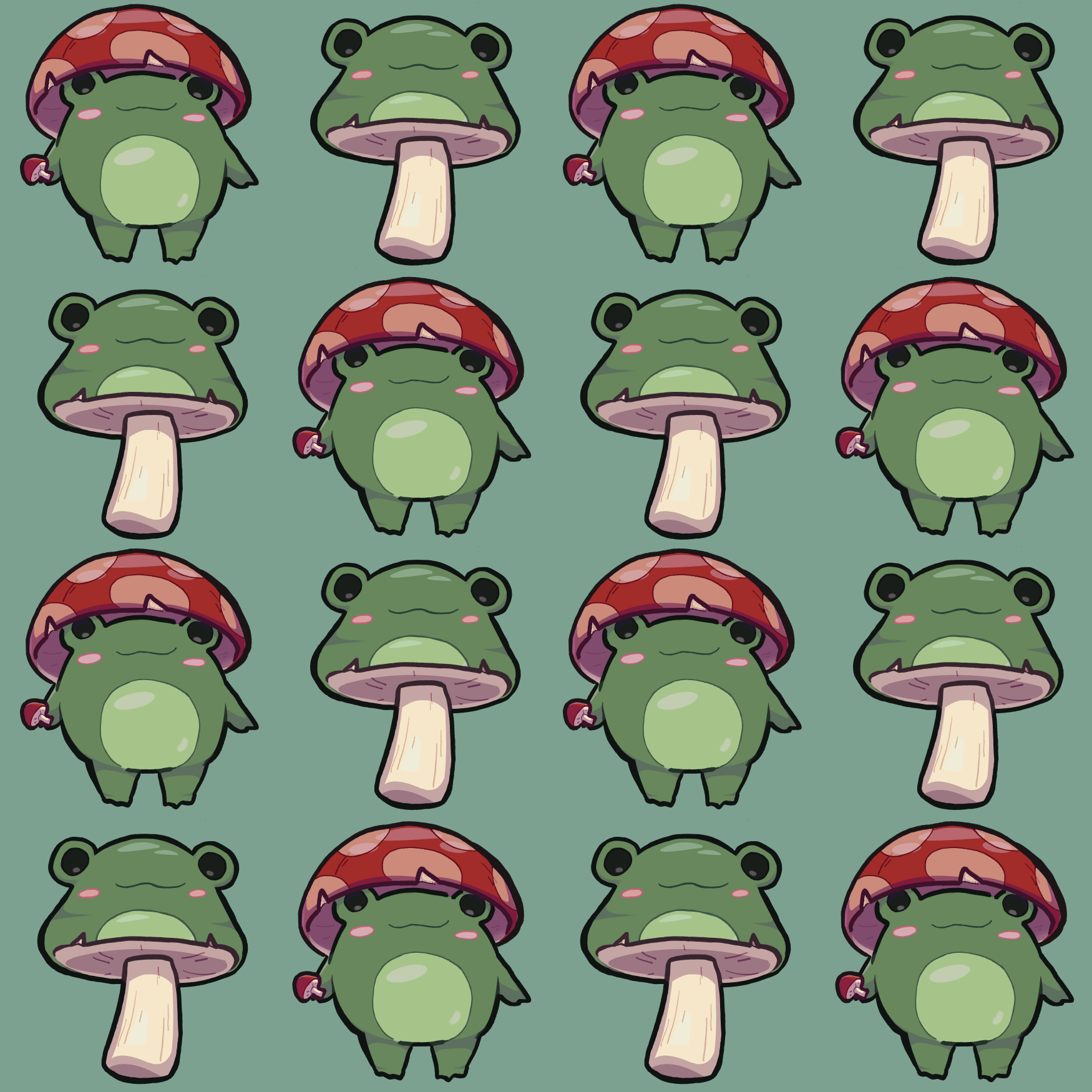 A pattern of frogs wearing mushroom hats. - Frog, mushroom