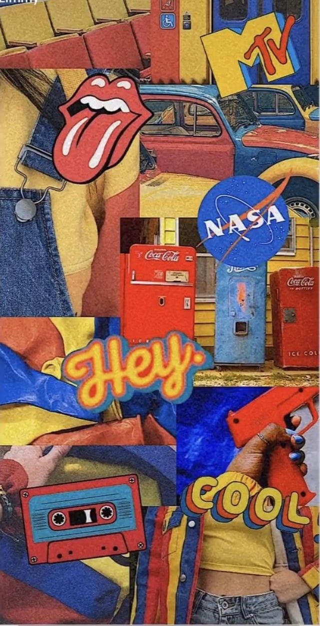 A collage of a car, tongue, cassette tape, and the words Hey, cool, NASA, and TV. - Retro