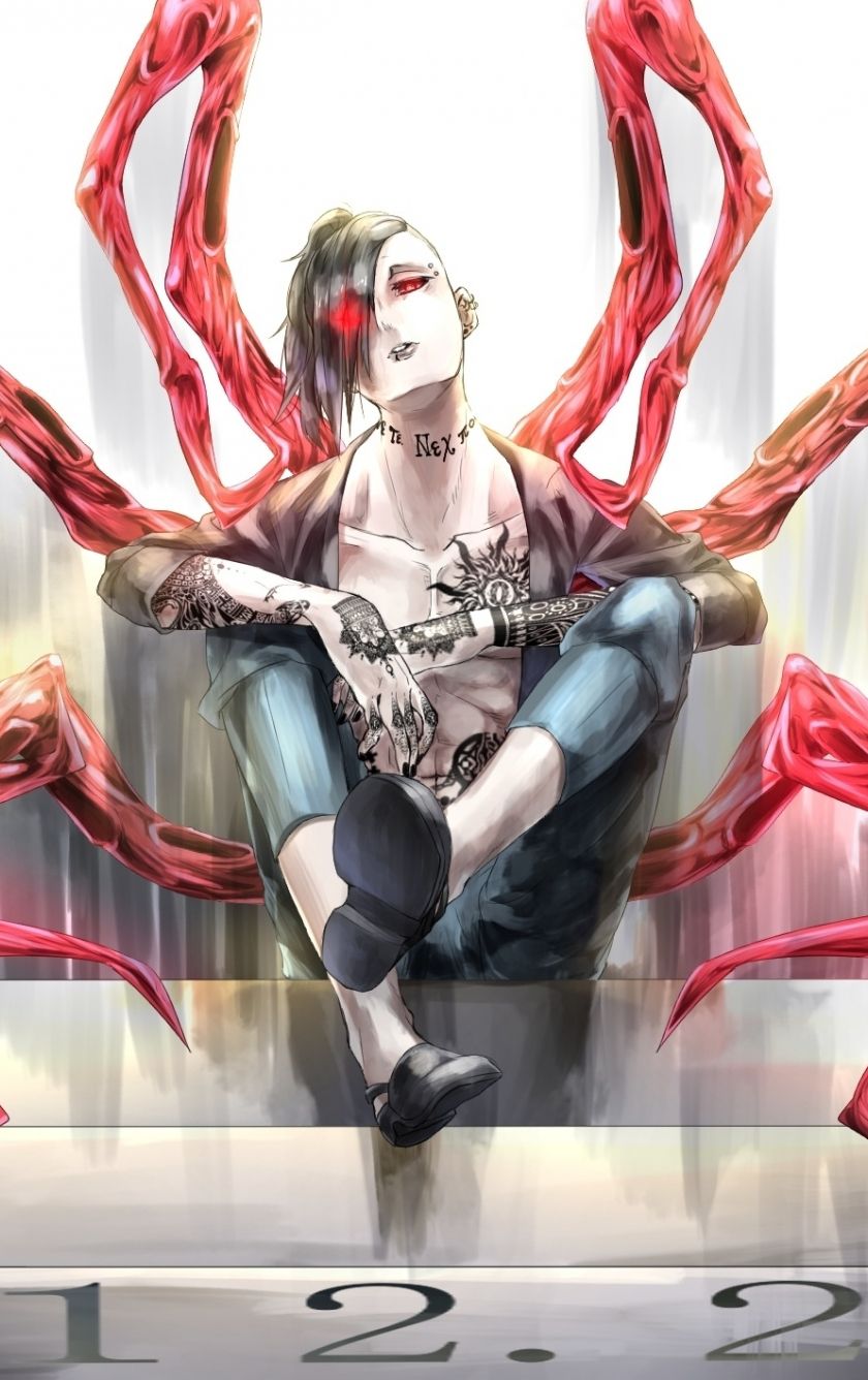 A seated man with white hair, piercings, and tattoos, with red tentacles behind him. - Tokyo Ghoul