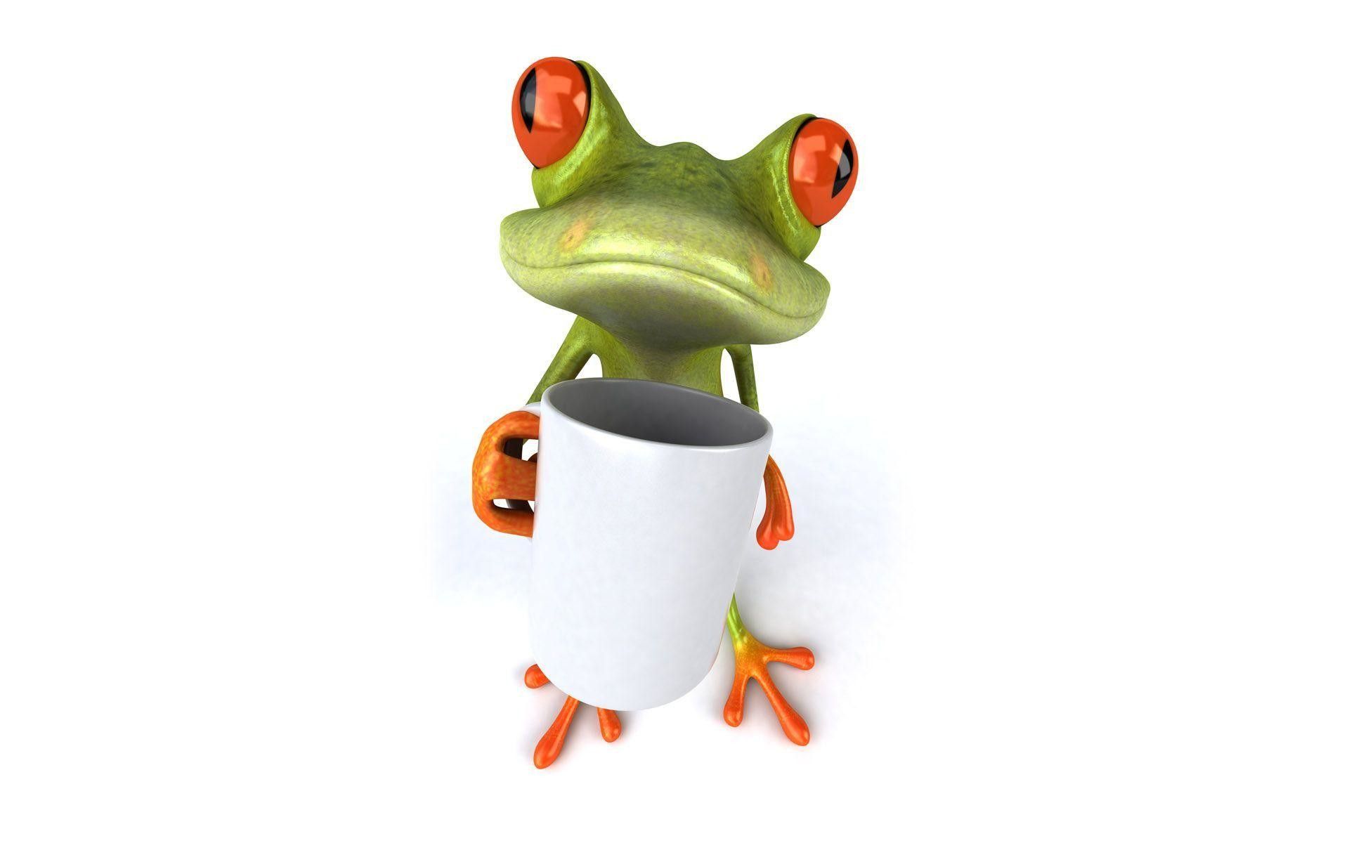 A green frog holding a white coffee cup. - Frog