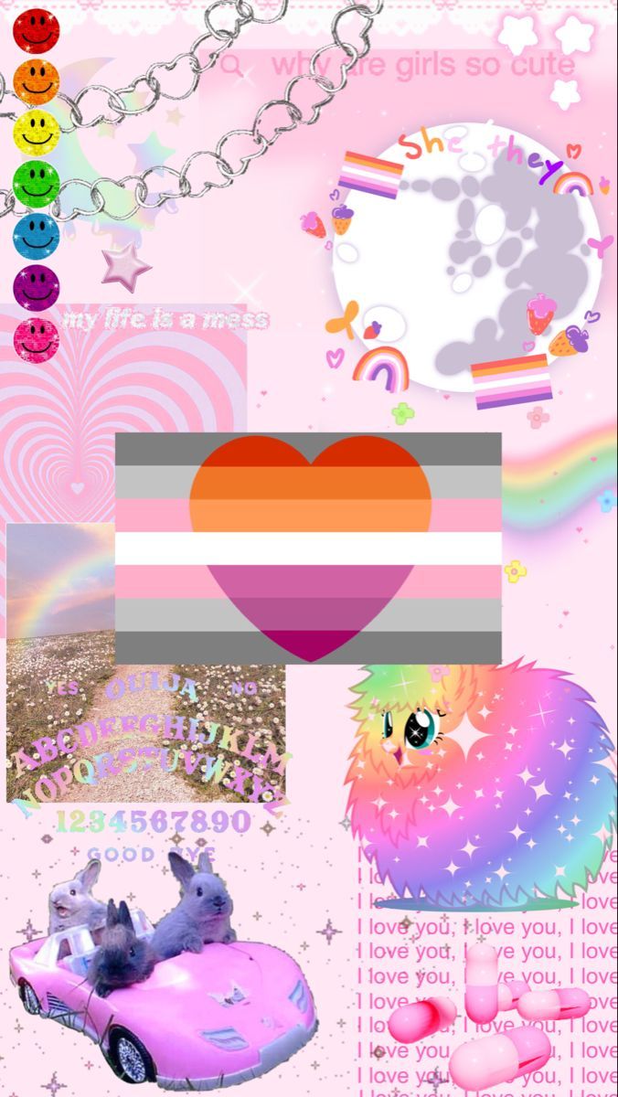 Collage of a heart, a rainbow, a pink car, a pink heart, a pink background, and some text - Lesbian