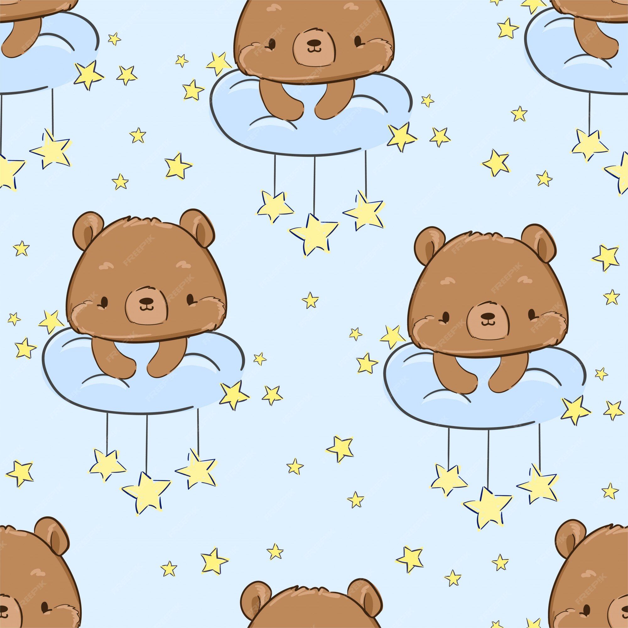 Premium Vector. Cute teddy bear sitting on a cloud and stars pattern seamless. illustration. textile design for children