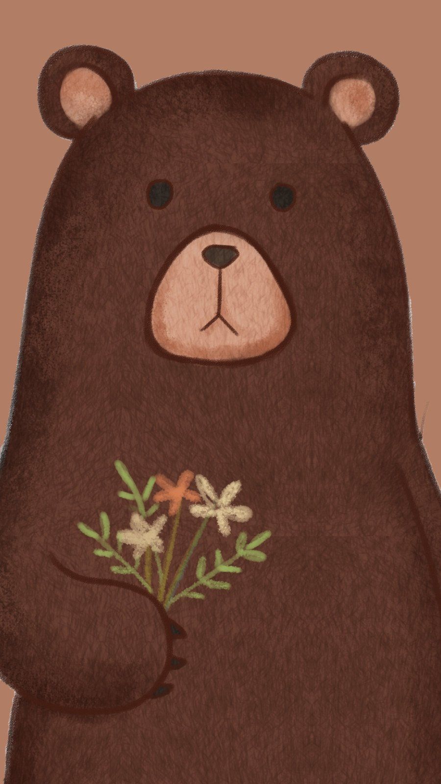 A brown bear holding a bouquet of flowers. - Teddy bear