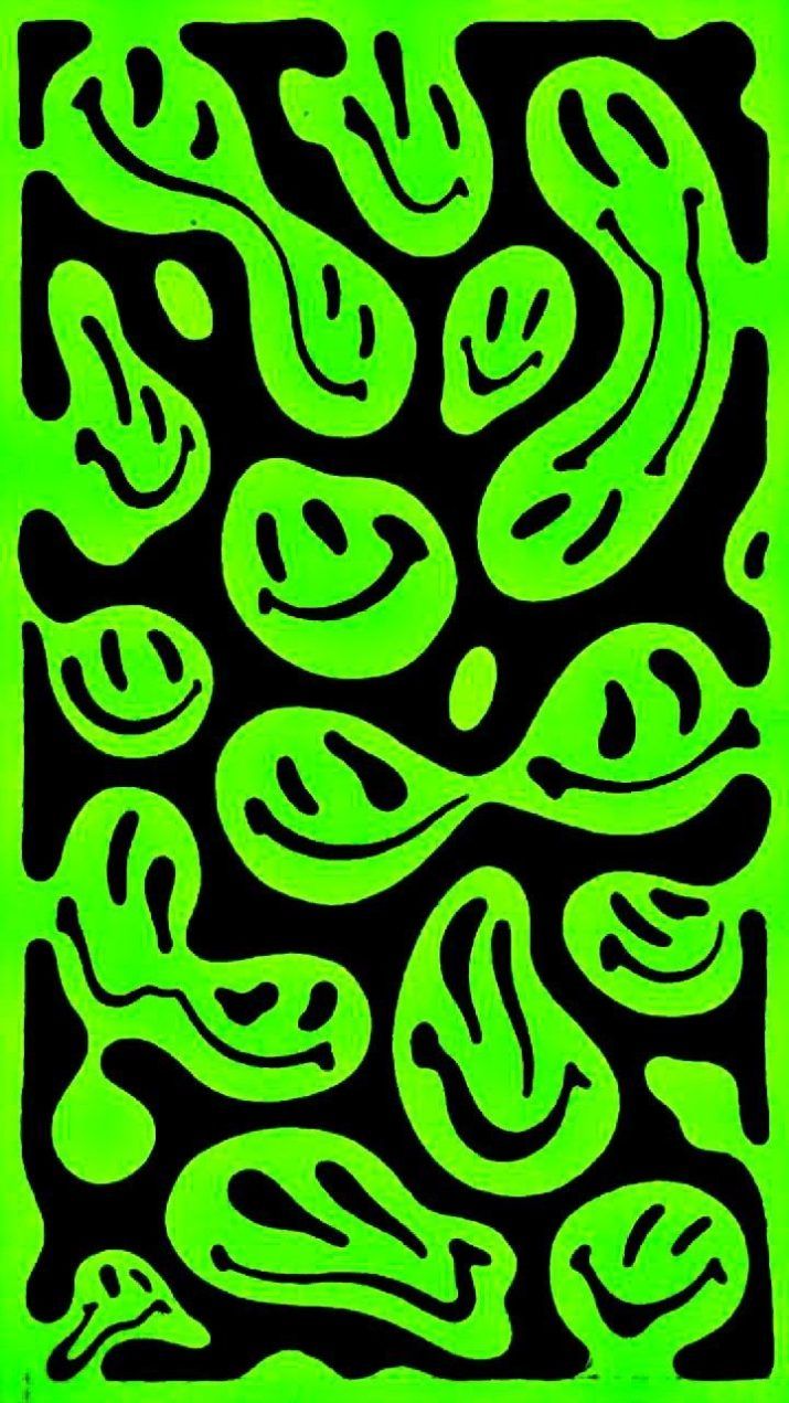 A neon green and black pattern of abstracted faces. - Trippy