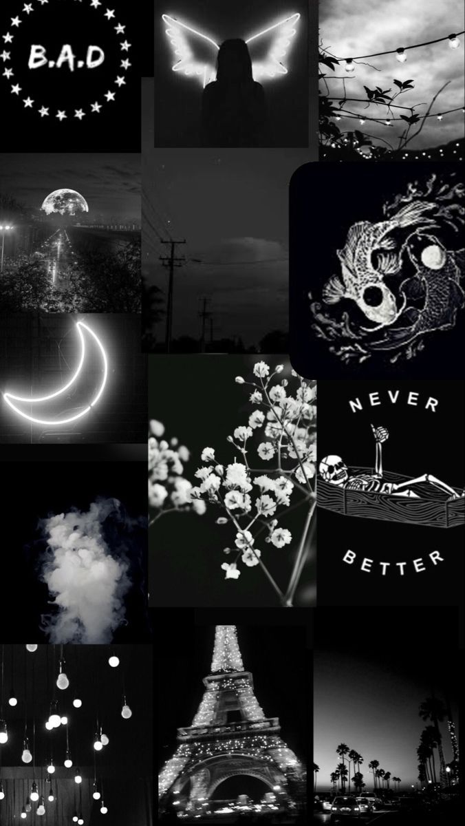 Black and white aesthetic, collage of photos, moon, eiffel tower, clouds, never better - Black phone