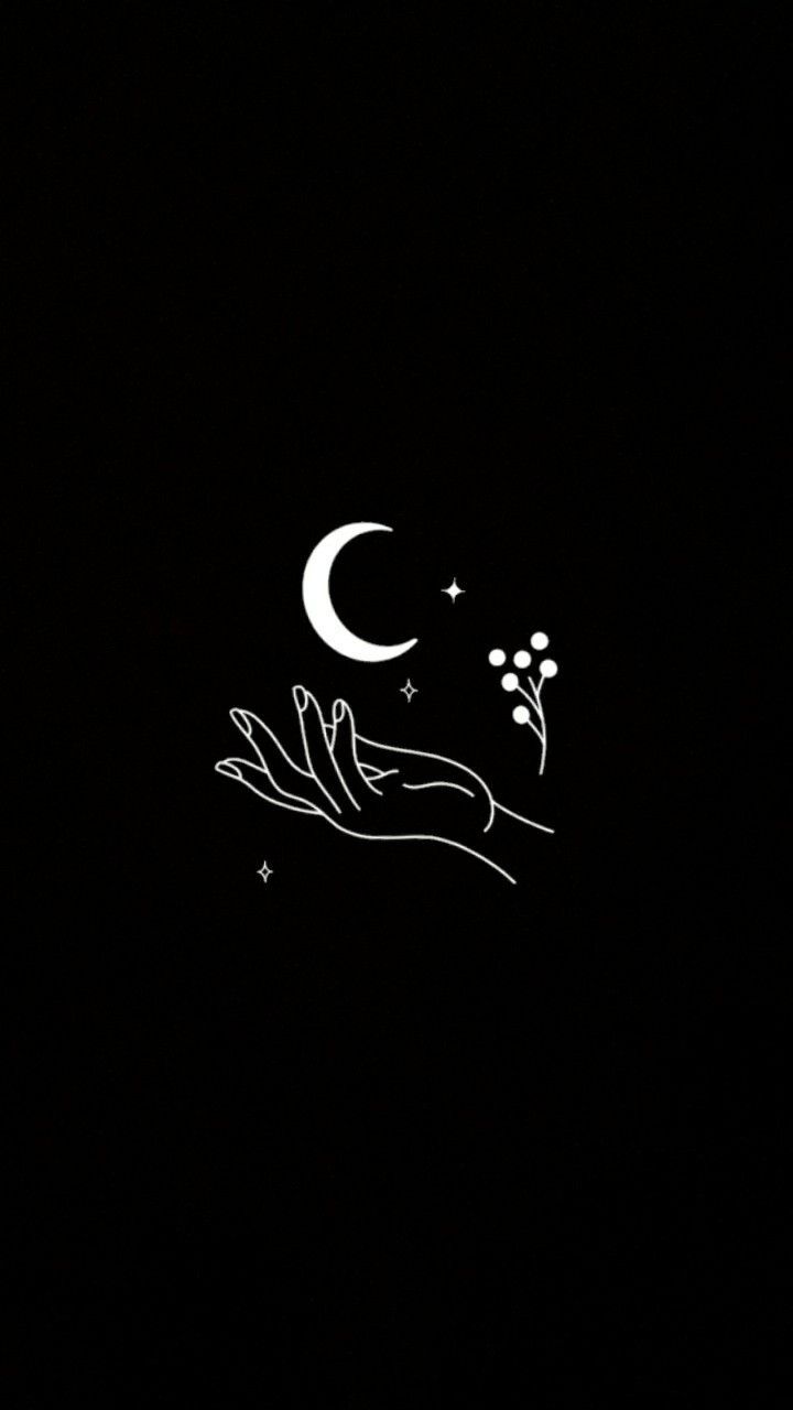White crescent moon, stars and berries on a black background - Black phone