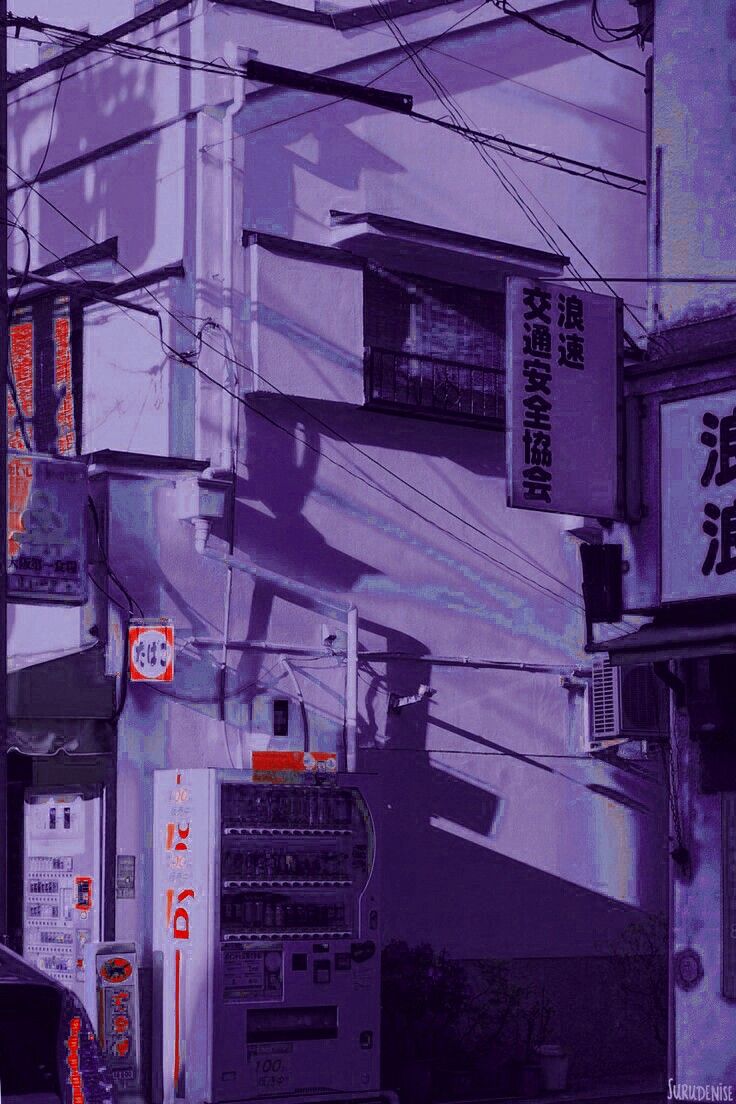 Aesthetic purple buildings with wires and vending machines - Japanese