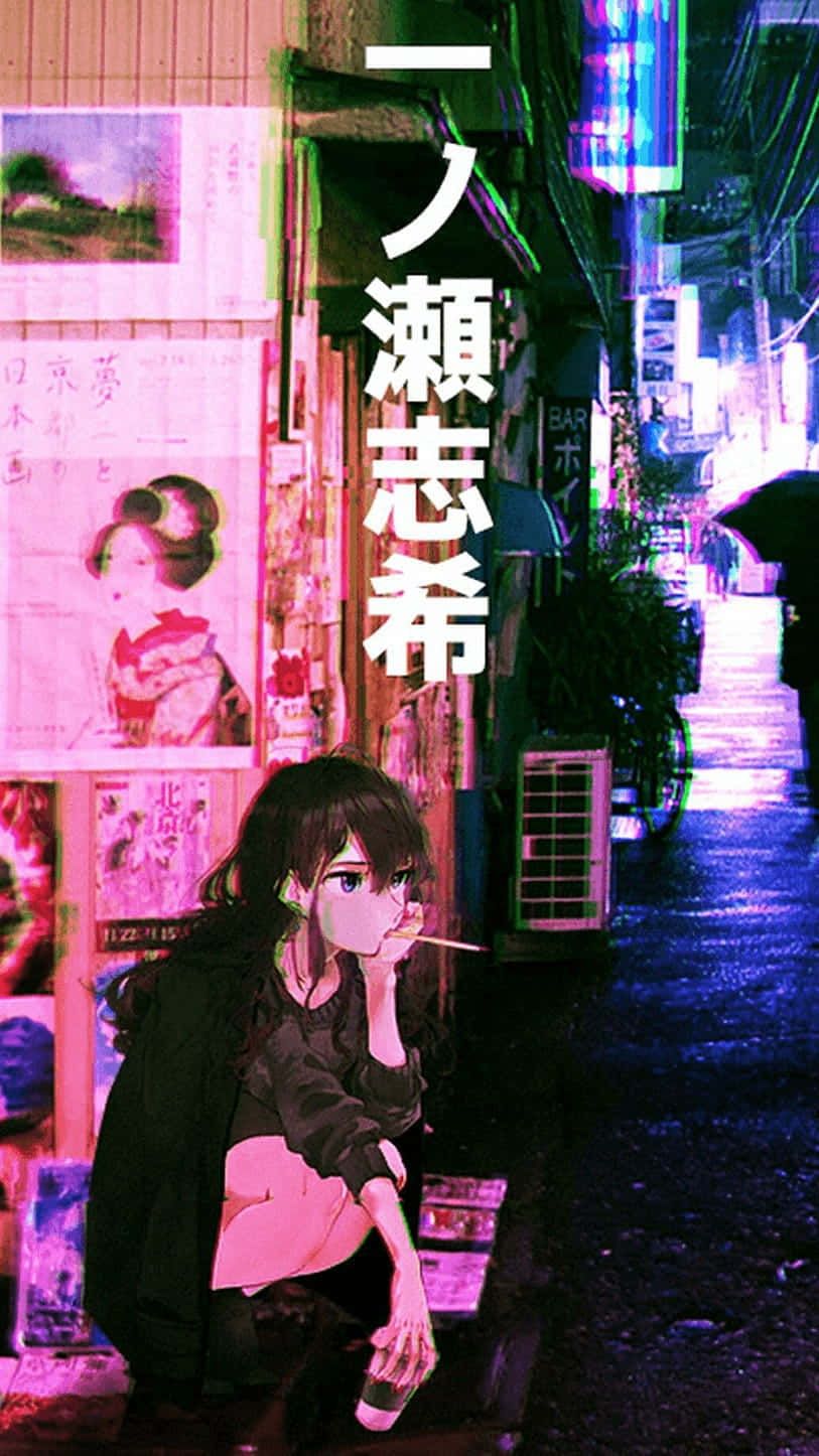 Aesthetic anime wallpaper for phone with girl smoking a cigarette - Japanese