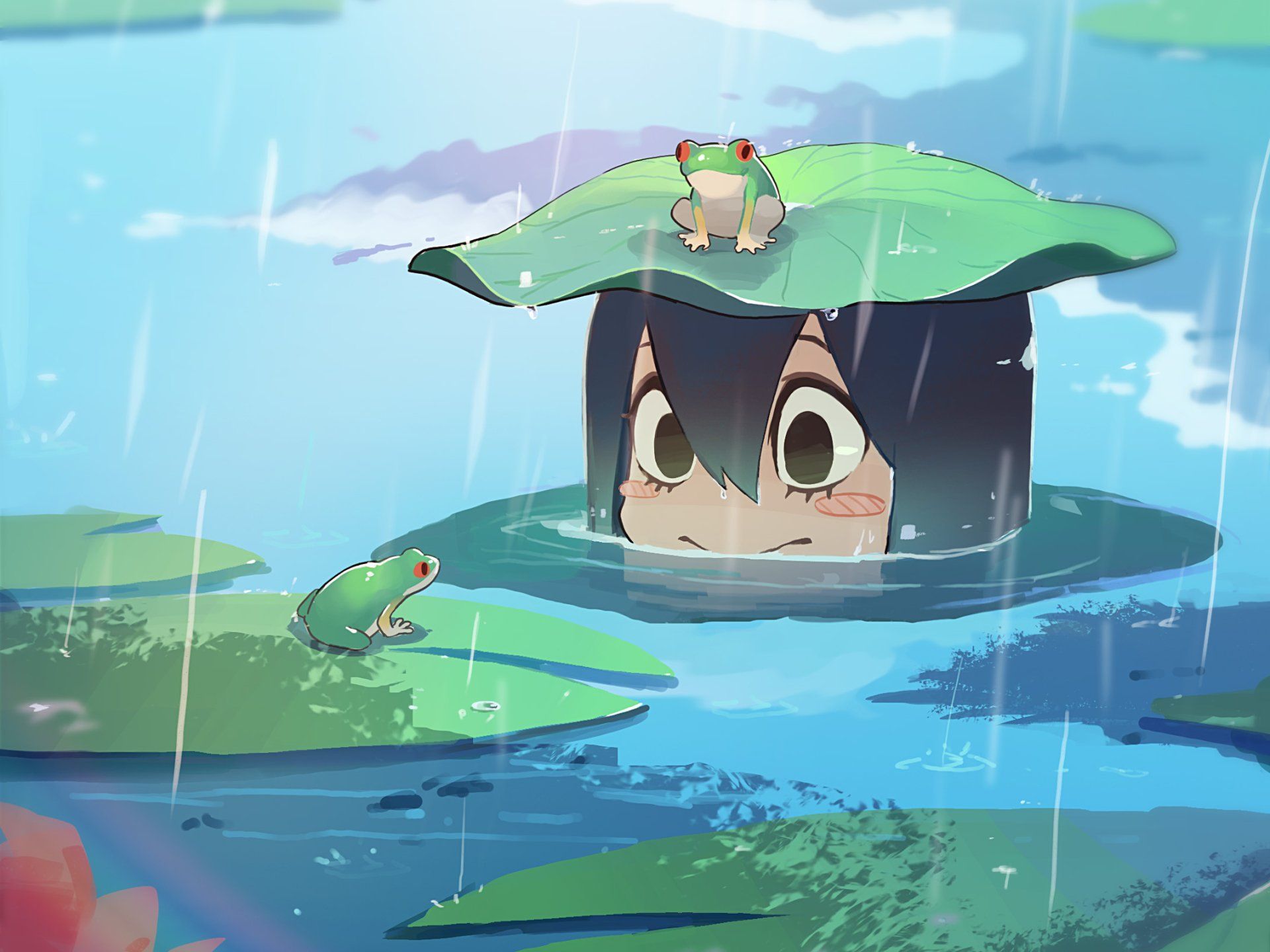 Anime girl with green hair sitting on a lily pad in a pond with a frog on her head - Frog