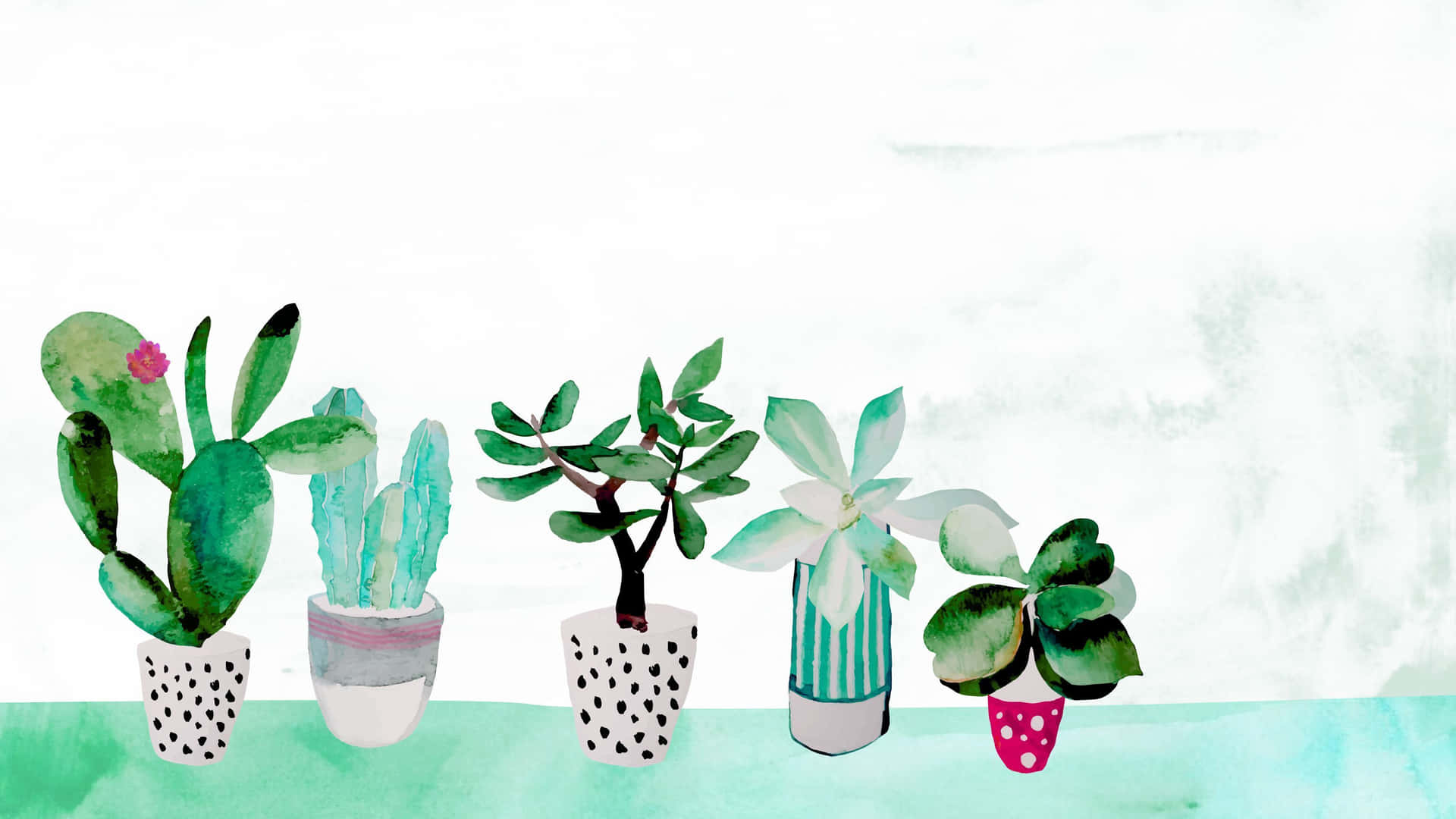 A watercolor painting of four potted plants on a windowsill. - Succulent