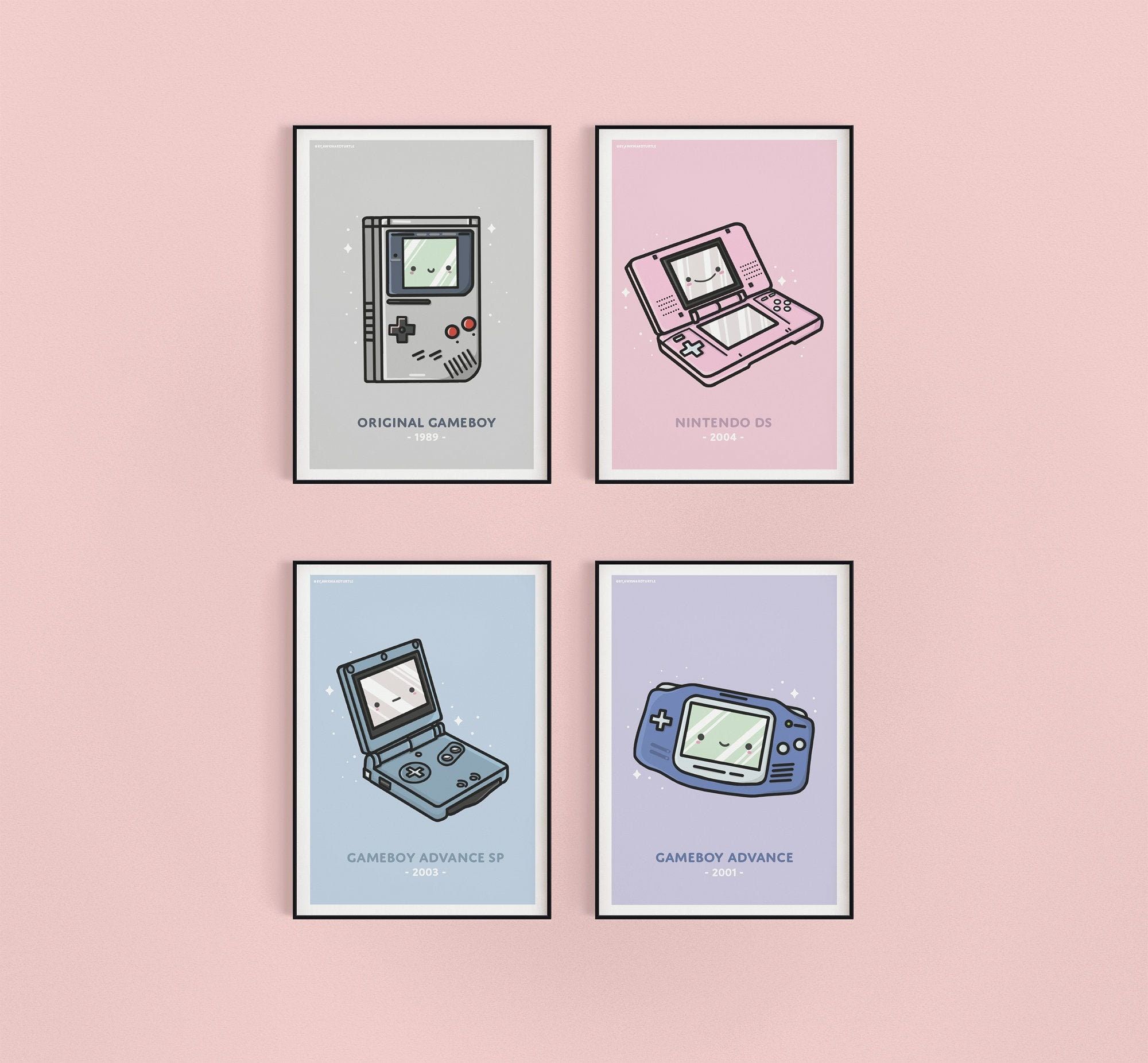 Four Gameboy posters in a line on a pink background. - Game Boy