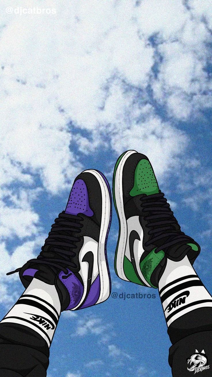 A pair of shoes with purple and green laces - Sky, shoes