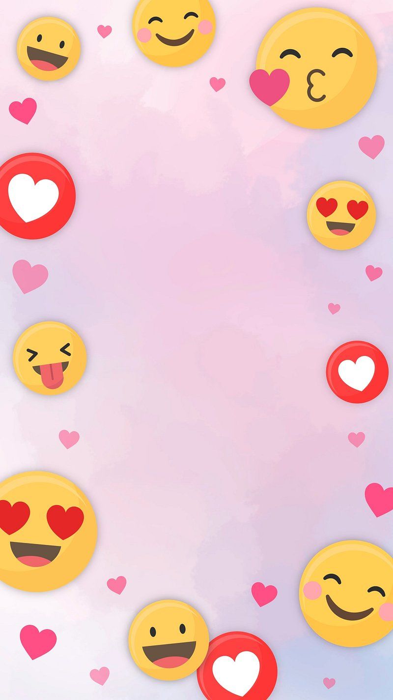 A pink and purple background with emojis and hearts. - Emoji