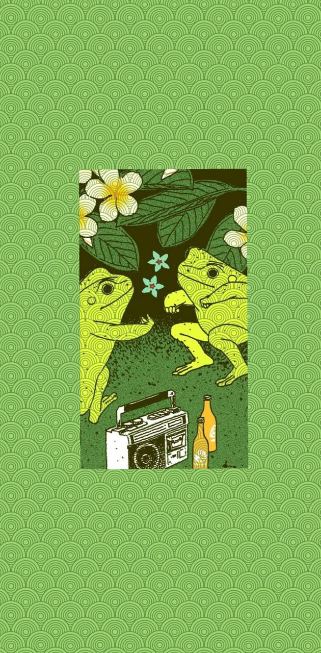 A poster of two frogs playing with radios - Frog