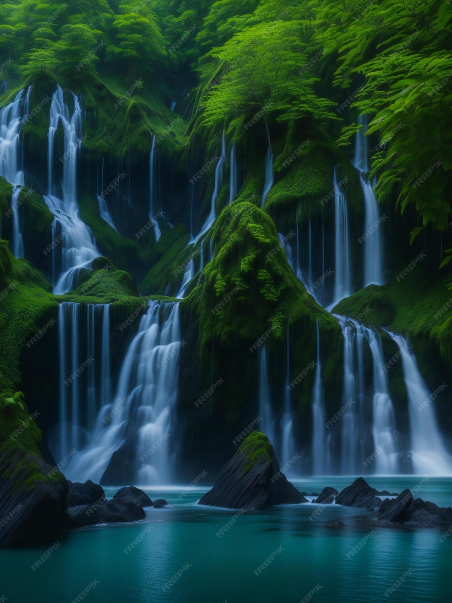 A waterfall wallpaper image of a waterfall in a green forest. - Waterfall