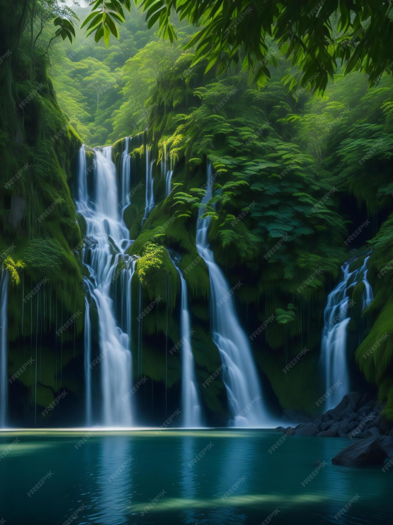 A waterfall cascades into a pool in a lush forest - Waterfall