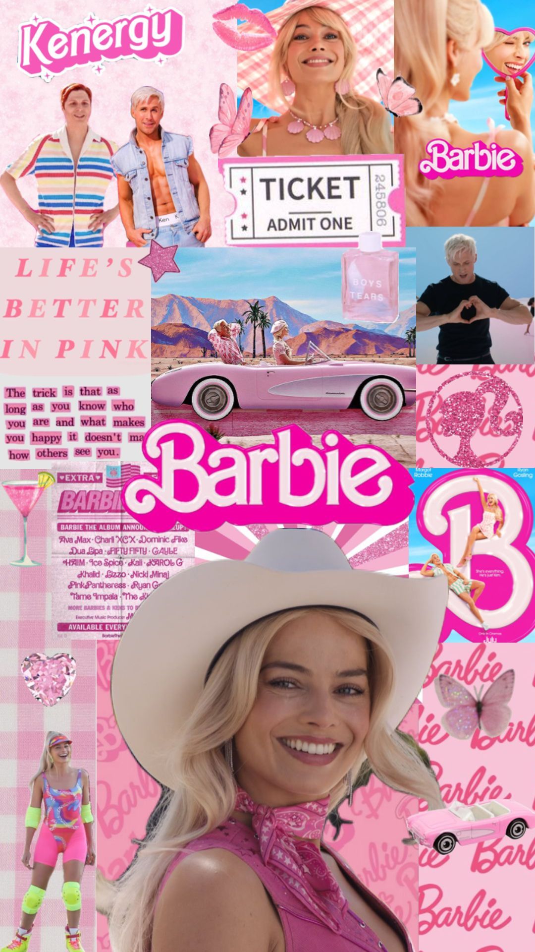 Aesthetic wallpaper of Barbie in pink with a collage of images of the doll. - Barbie