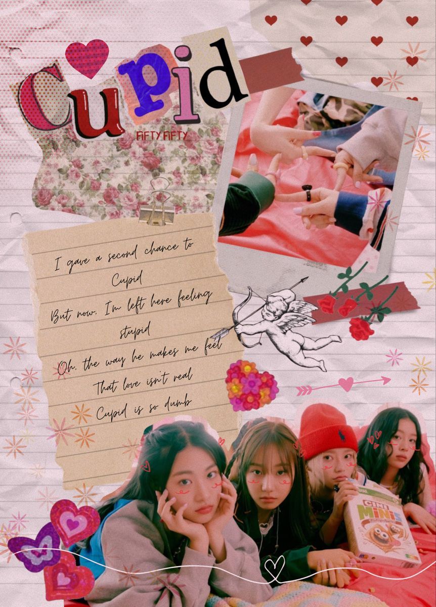 A collage of pictures of ITZY members and text about Cupid - FIFTY FIFTY