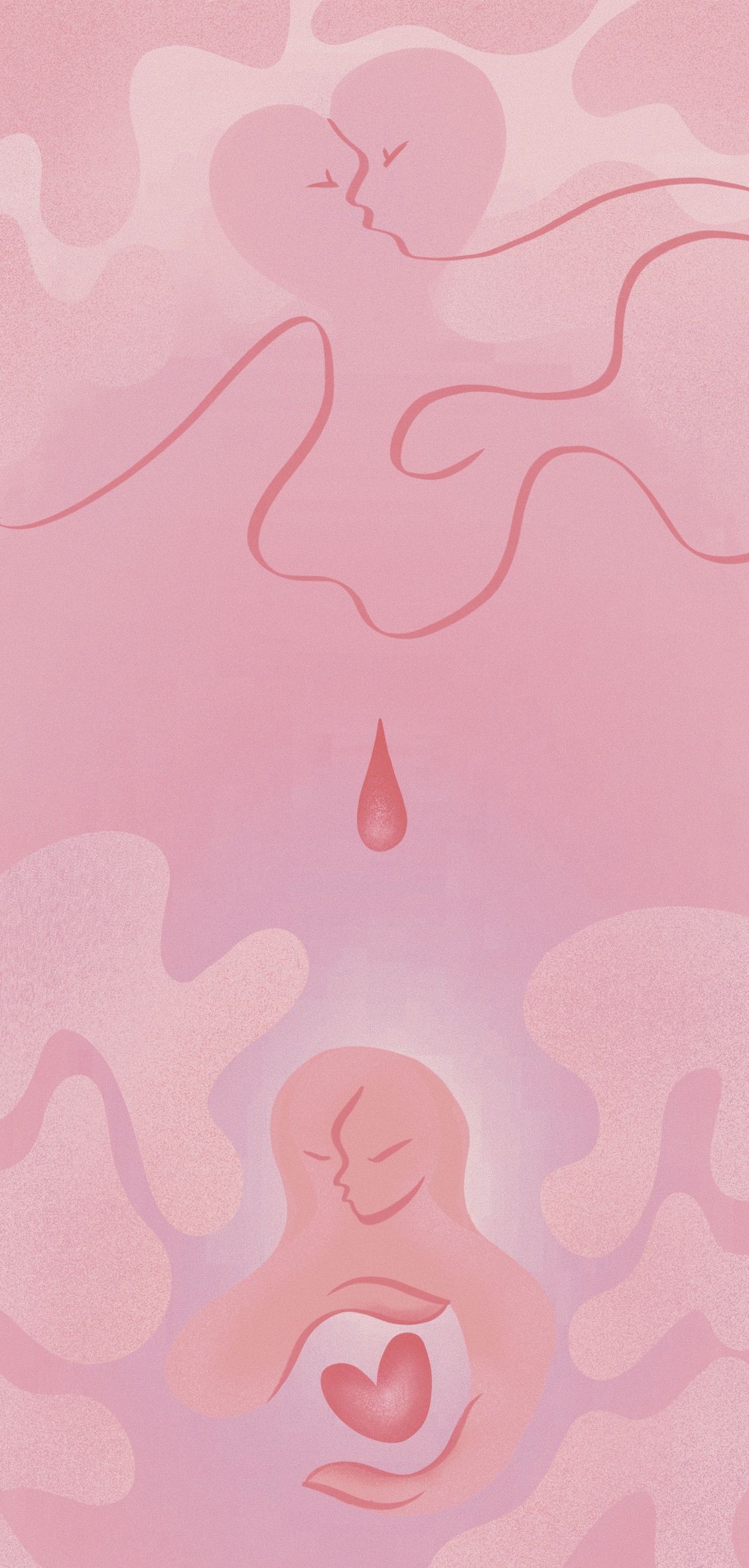 A pink illustration of a woman's body with a drop of blood. - FIFTY FIFTY