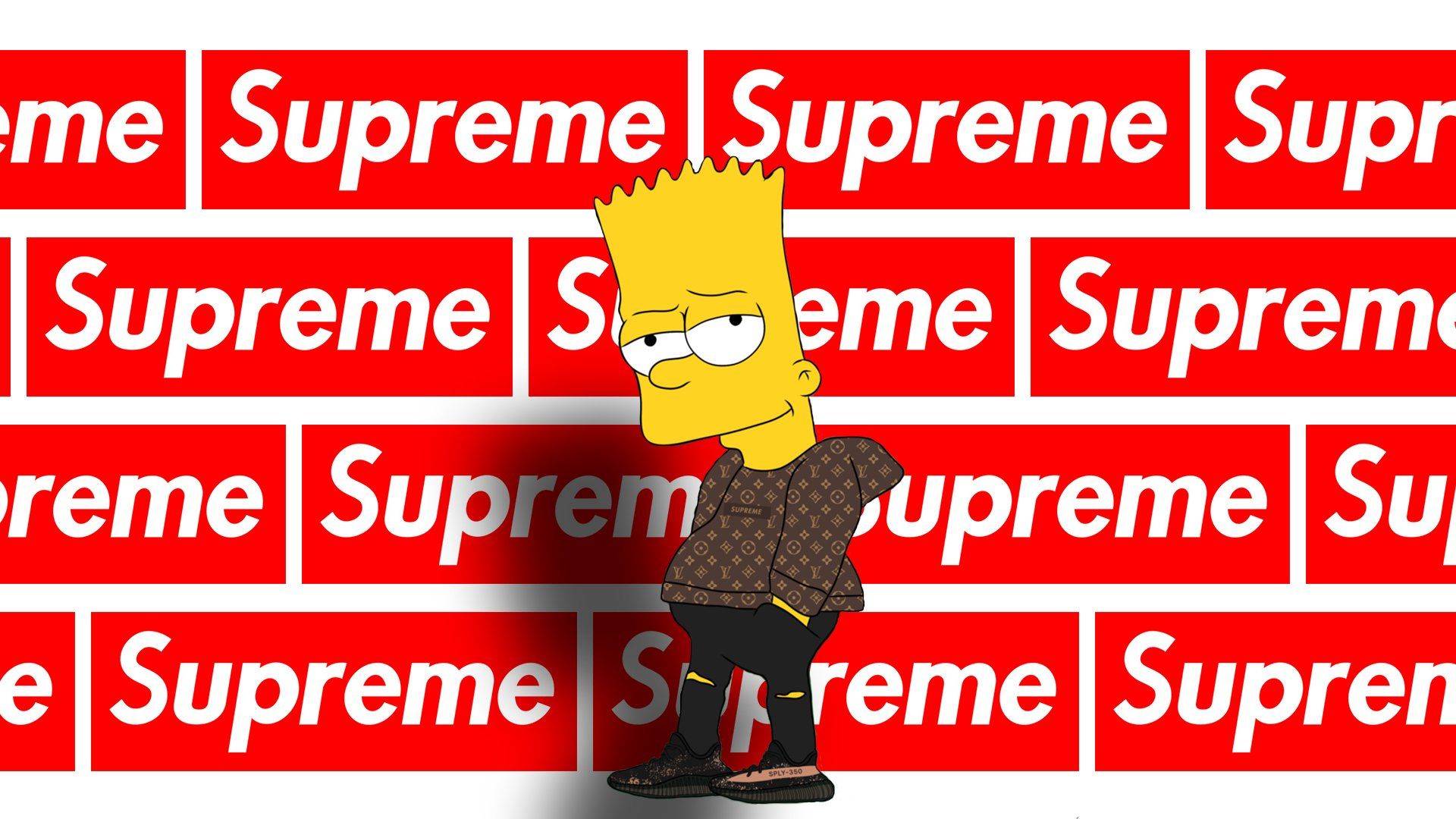Bart Simpson standing in front of a wall of Supreme logos - Supreme, Bart Simpson