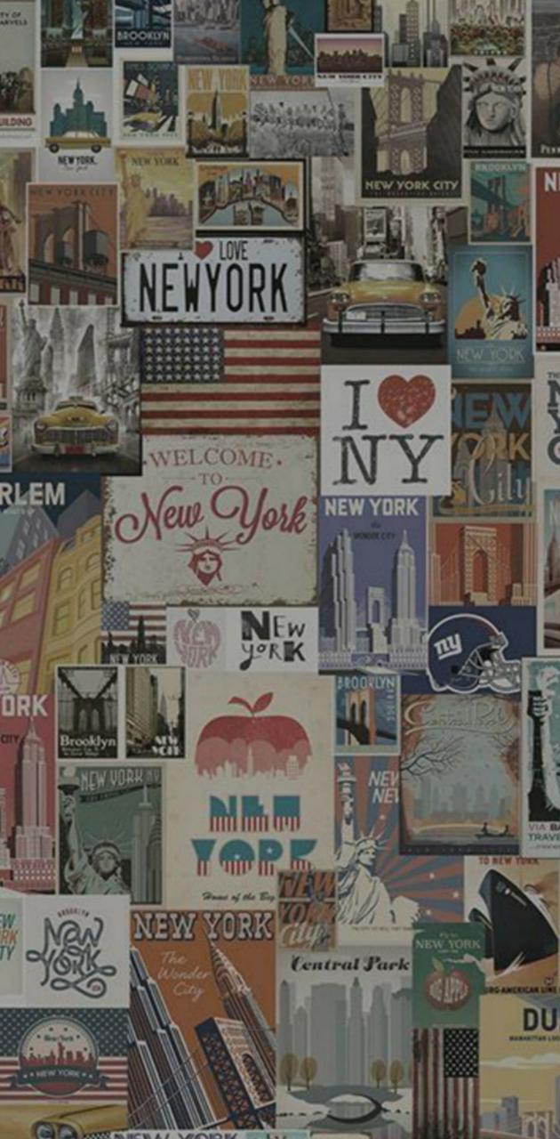 IPhone wallpaper with a collage of vintage New York City postcards - New York