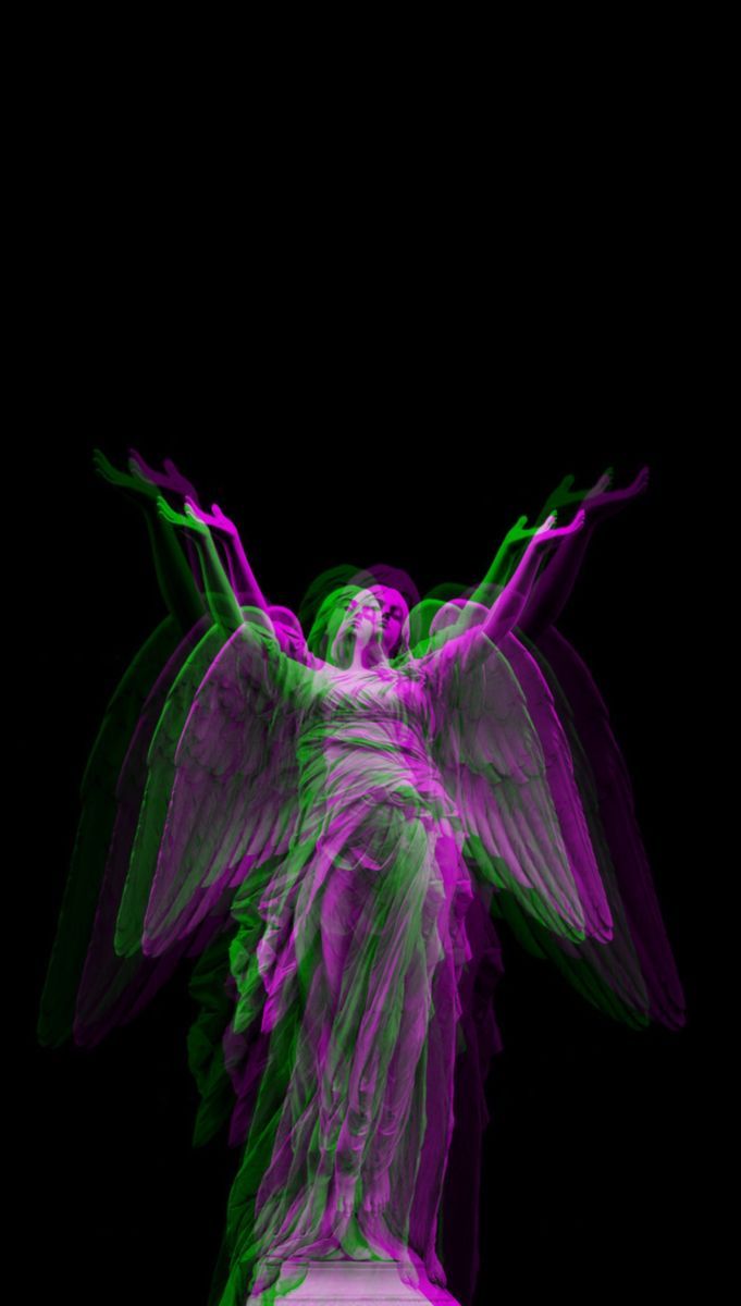 A purple and green angel statue with wings outstretched. - Dark vaporwave