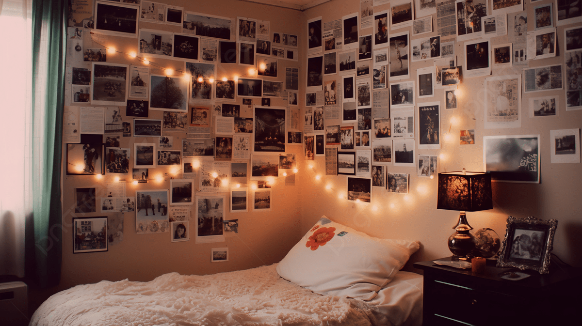 Girl S Bedroom Is Decorated With Photo And String Lights Background, Picture Wall Aesthetic Background Image And Wallpaper for Free Download